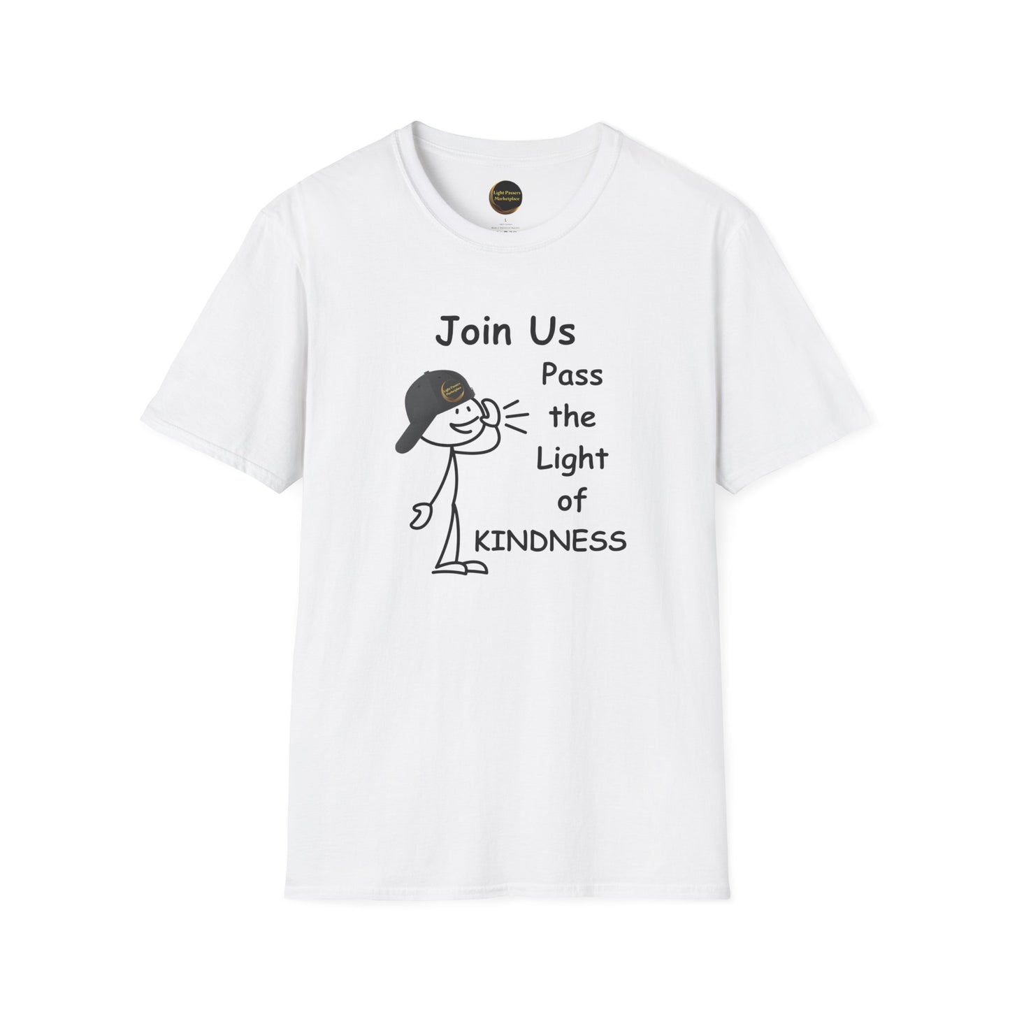 A white unisex t-shirt featuring a cartoon character with a hat. Made of soft 100% ring-spun cotton, with twill tape shoulders for durability and a ribbed collar. Ethically sourced and Oeko-Tex certified.