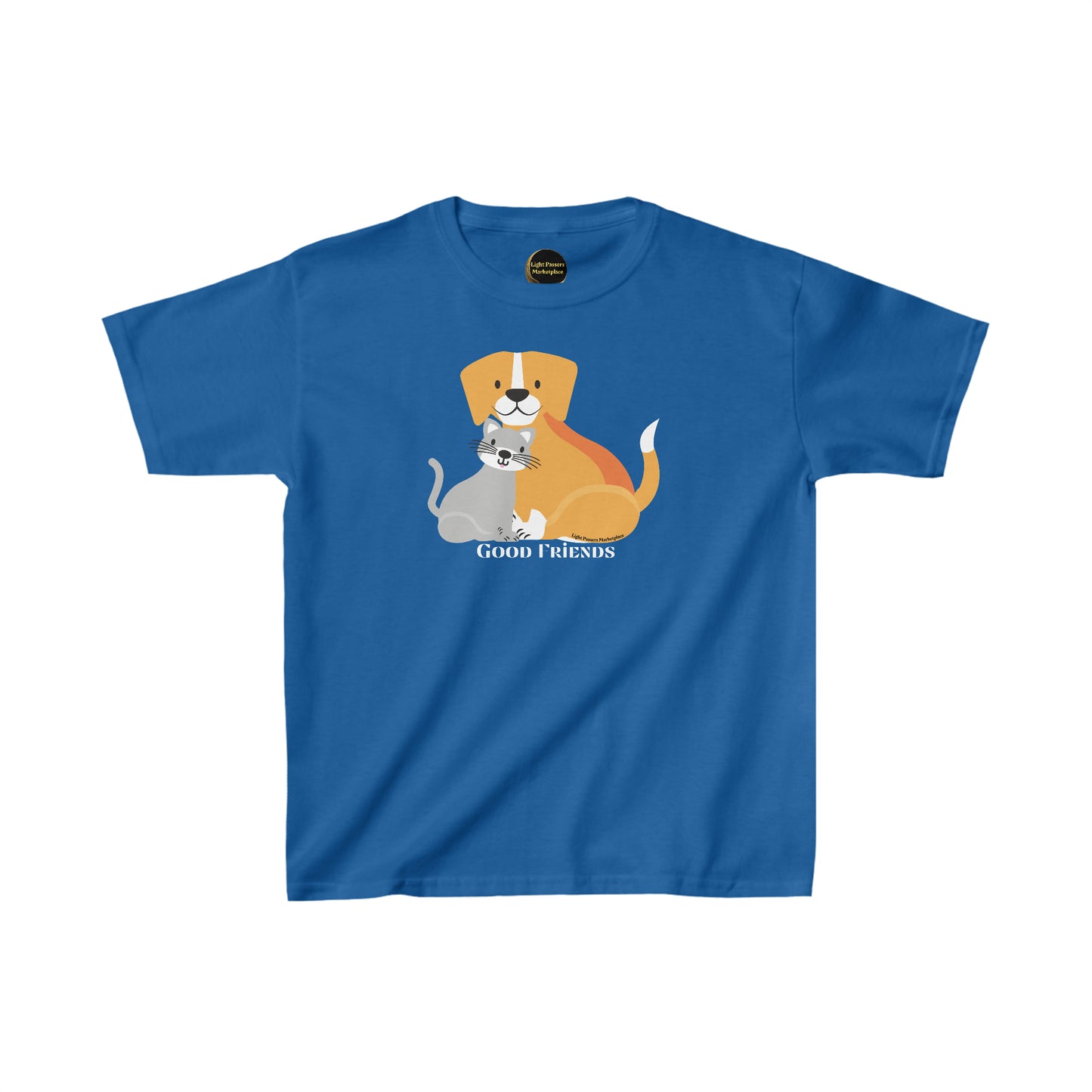 Youth cotton t-shirt featuring a blue shirt with a dog and cat design. Made of 100% US cotton, with twill tape shoulders for durability and ribbed collar for curl resistance. Ethically produced with tear-away labels.