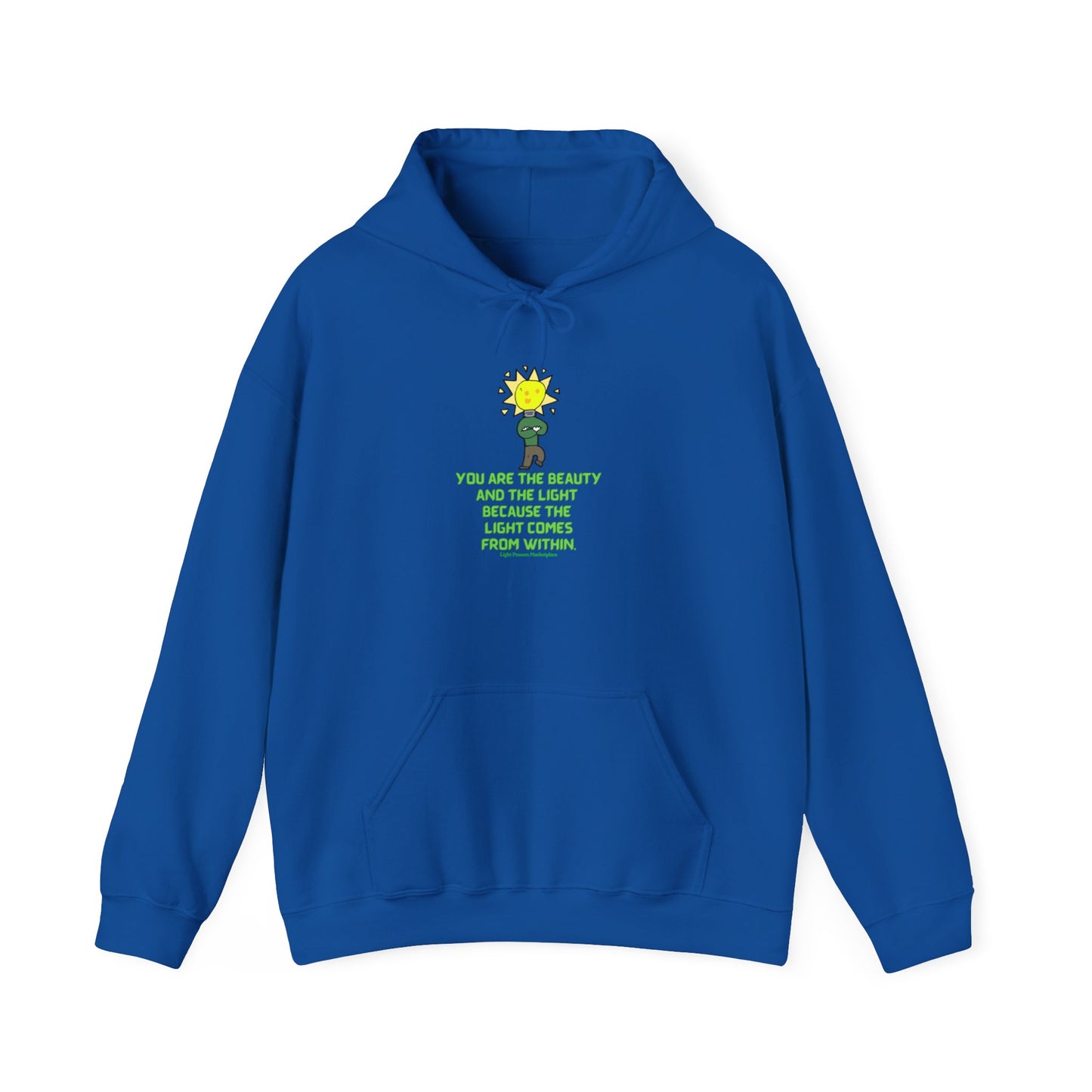The Light You are the Beauty Flower Adult Unisex Hoodie features a cartoon character with a light bulb on a blue sweatshirt.
