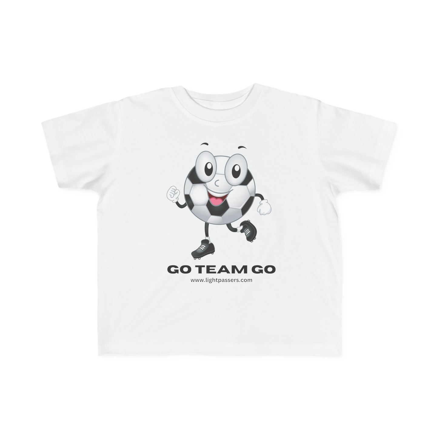 A white toddler t-shirt featuring a cartoon football ball print. Made of soft, durable 100% combed cotton, perfect for sensitive skin. Classic fit, tear-away label, ideal for little adventurers.