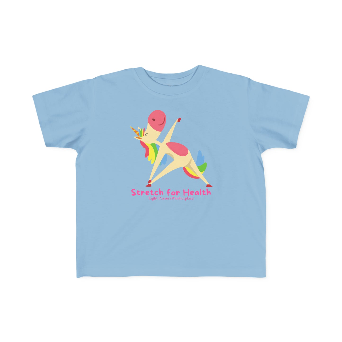 A toddler's Unicorn Stretch Yoga T-shirt, featuring a cartoon unicorn design on a blue tee. Made of soft, durable 100% combed cotton for sensitive skin.