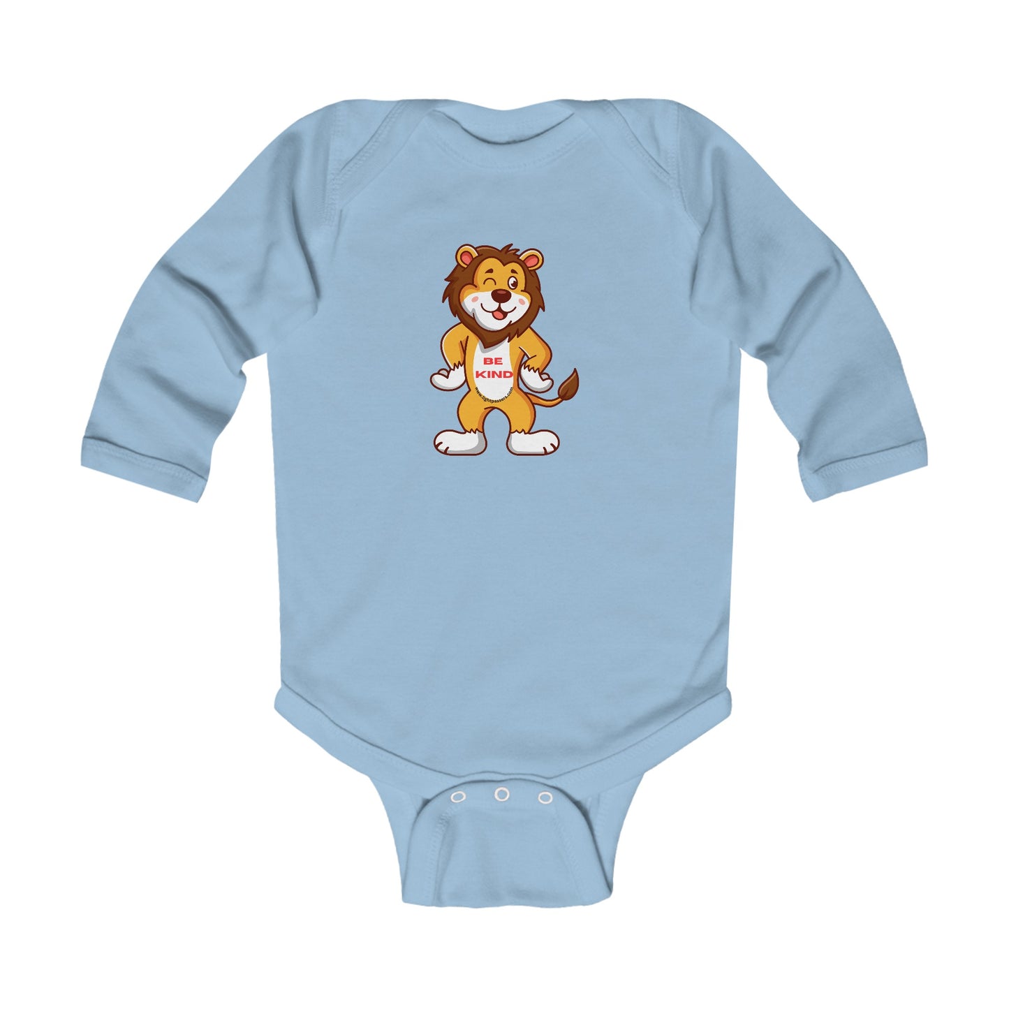 Be Kind Lion Baby Long Sleeve Onesie Bodysuit featuring a cartoon lion, with ribbed knit bindings and plastic snaps for easy changing.