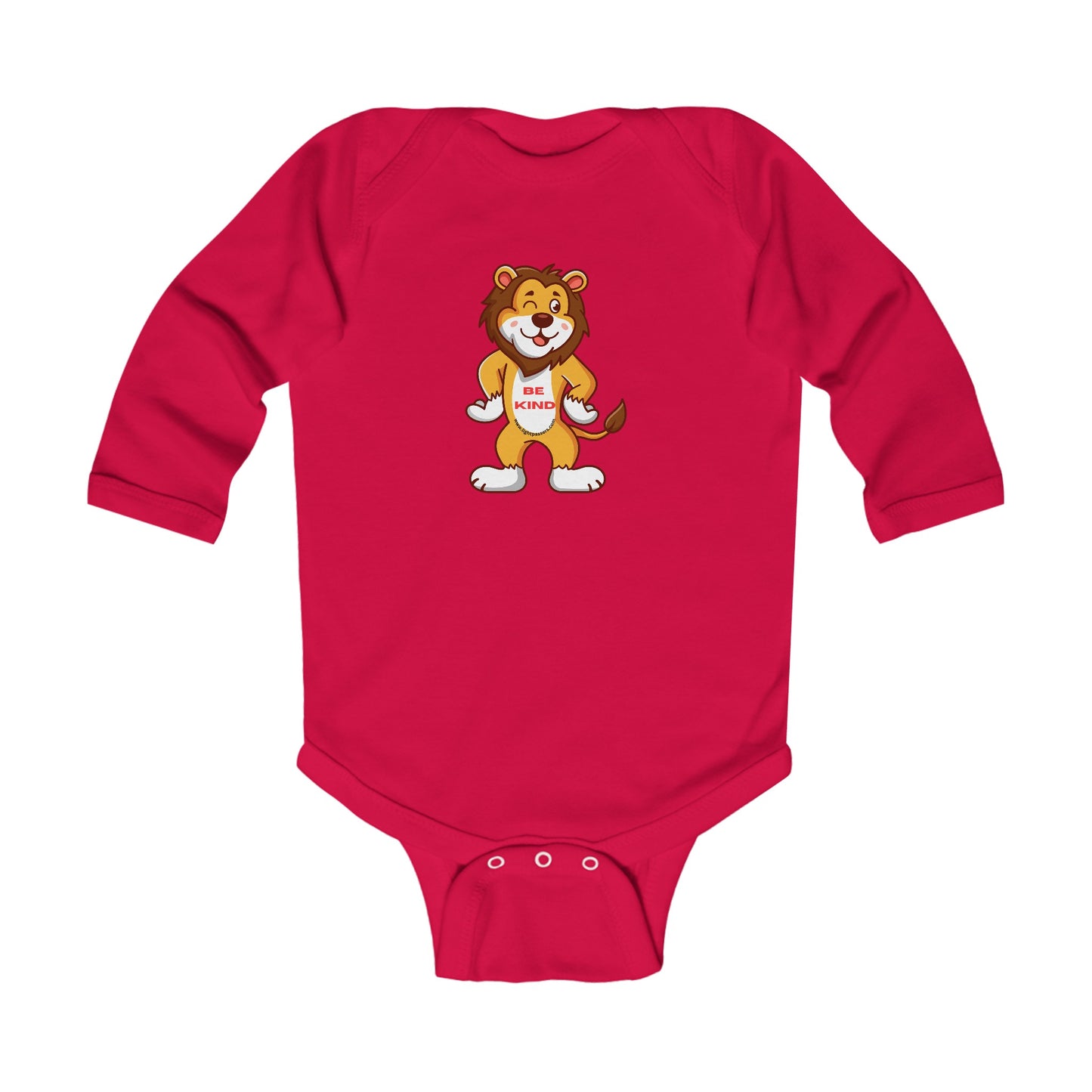 Be Kind Lion Baby Long Sleeve Onesie Bodysuit featuring a cartoon lion design, soft fabric, plastic snaps for easy changing, and ribbed knitting for durability.