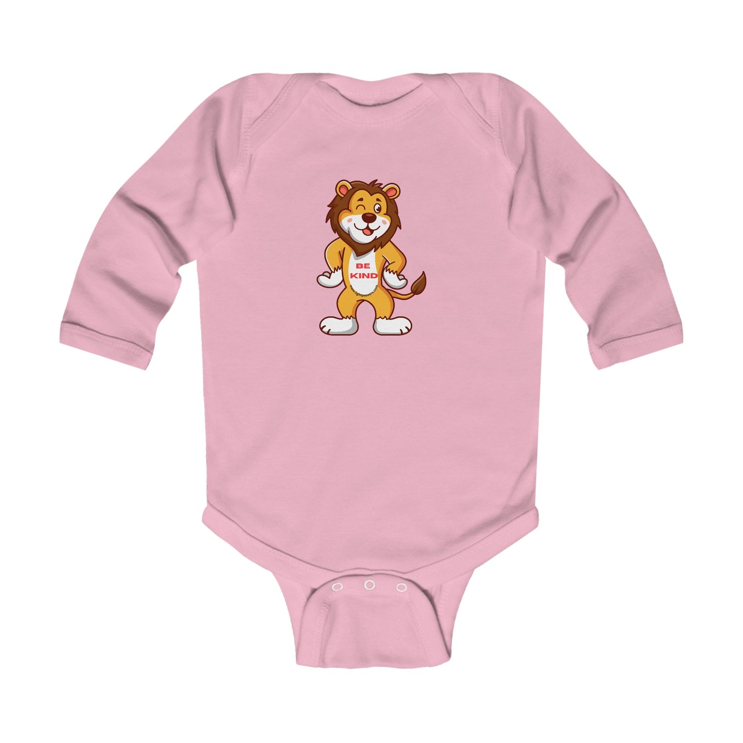 Be Kind Lion Baby Long Sleeve Onesie Bodysuit featuring a cartoon lion design, with durable ribbed bindings and convenient plastic snaps for easy changing.