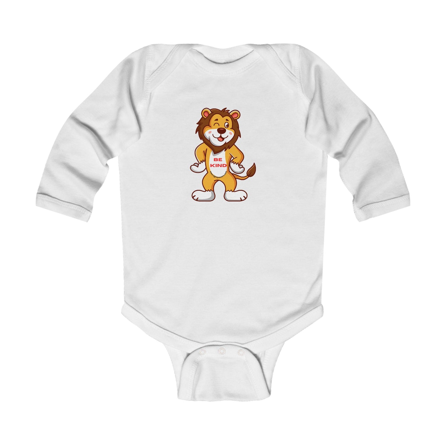 Be Kind Lion Baby Long Sleeve Onesie Bodysuit featuring a smiling cartoon lion, soft cotton fabric, ribbed knitting, and convenient plastic snaps for easy changing.