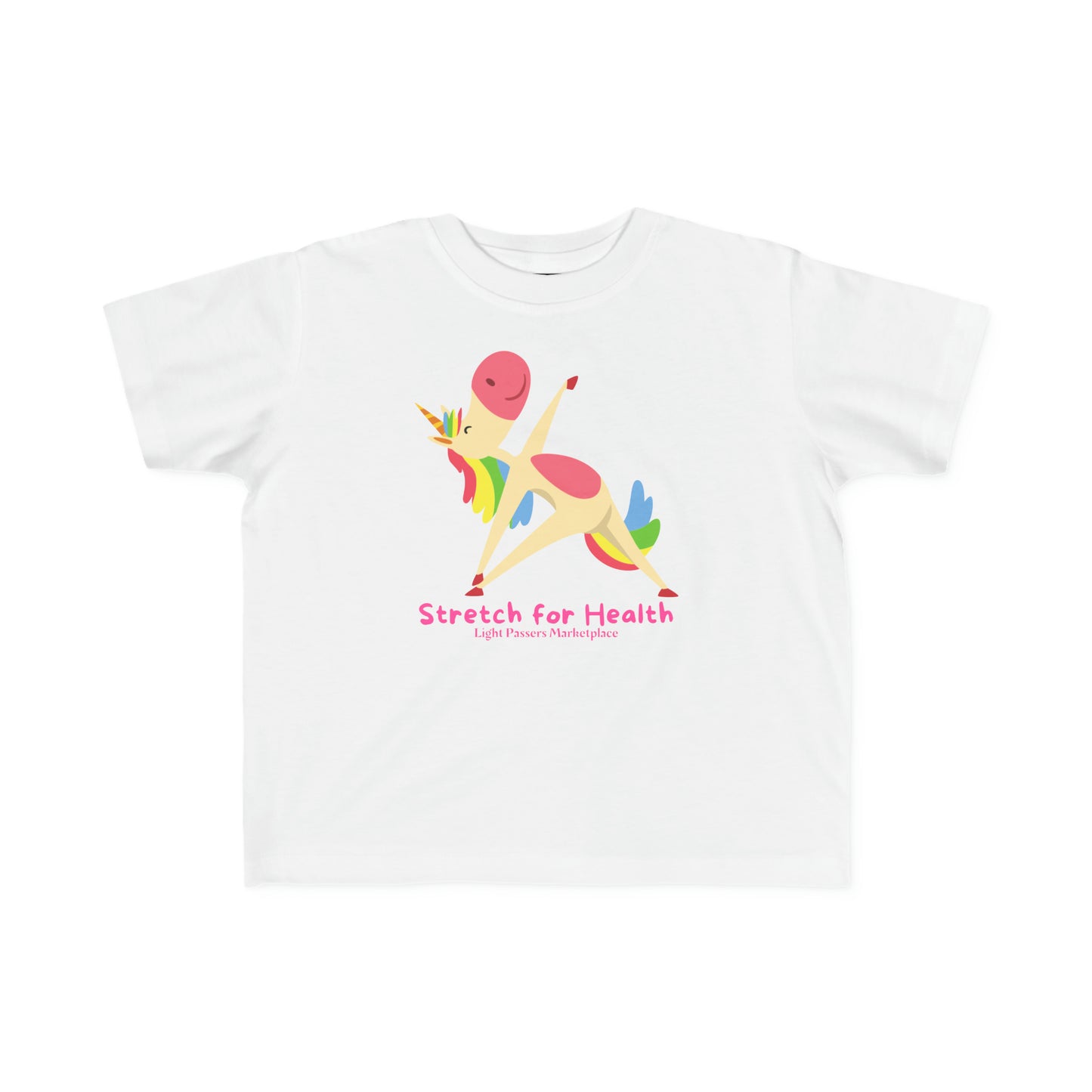 A white toddler t-shirt featuring a cartoon unicorn stretching, ideal for sensitive skin. Made of 100% combed cotton, light fabric, and a tear-away label. Classic fit, perfect for little adventurers.