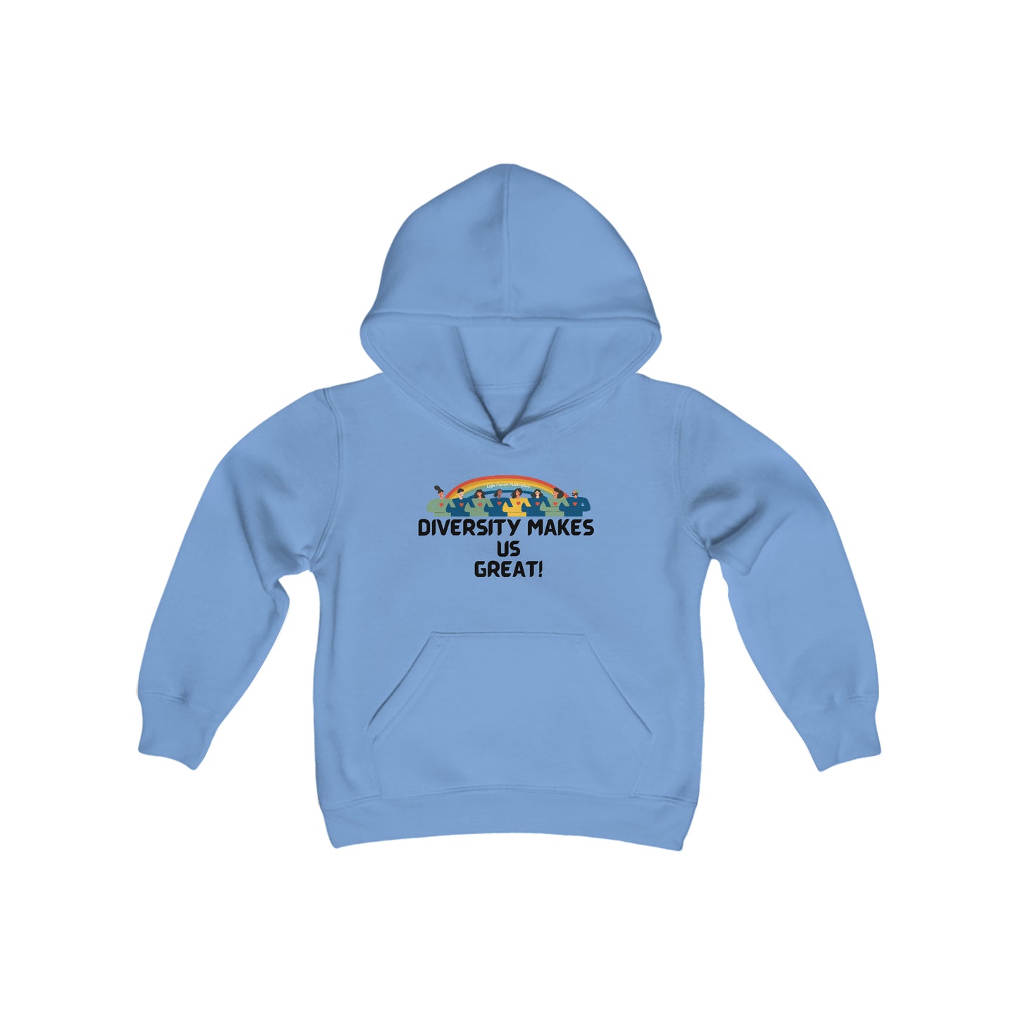 Youth blend hooded sweatshirt with kangaroo pocket, twill taping, and soft fleece fabric for comfort. Ideal for printing, 50% cotton, 50% polyester blend.