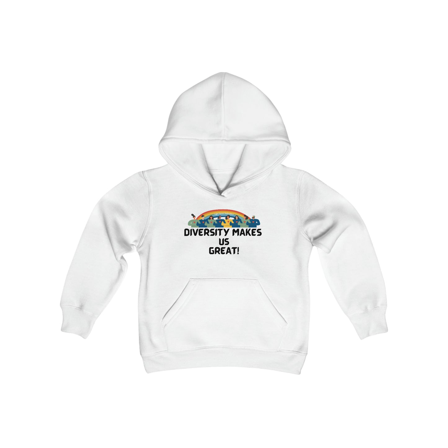 A white youth hooded sweatshirt featuring a rainbow logo, kangaroo pocket, and twill-taped neck. Made of soft, preshrunk fleece blend for comfort and durability.