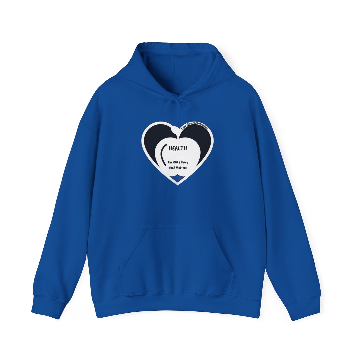 Health Happy Food Apple Adult Unisex Hoodie featuring a heart design, blue color, kangaroo pocket, and same-color drawstring, offering warmth and style.