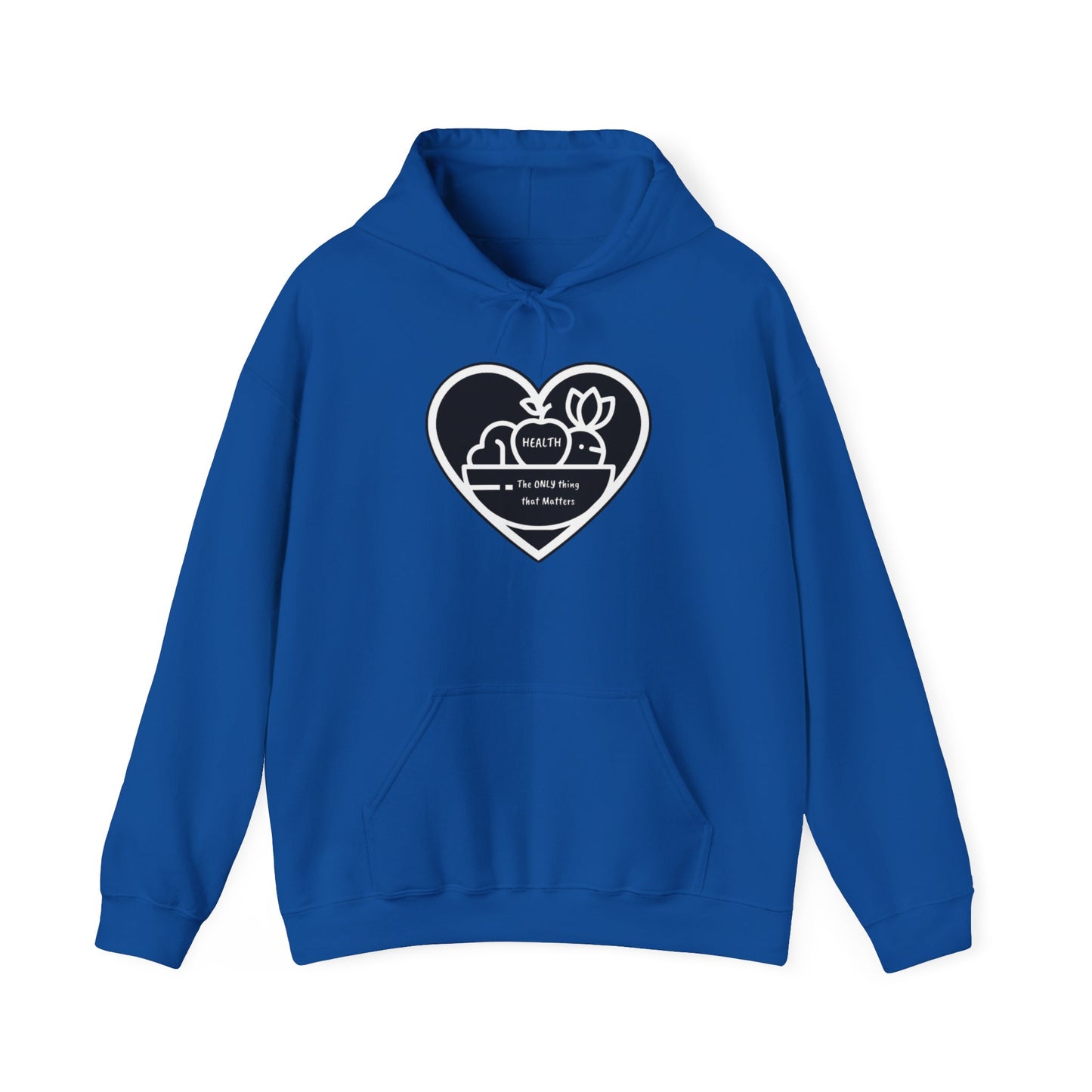 Health Happy Foods Fruit Basket Adult Unisex Hoodie featuring a heart and logo design, with a spacious kangaroo pocket and color-matched drawstring for added style.