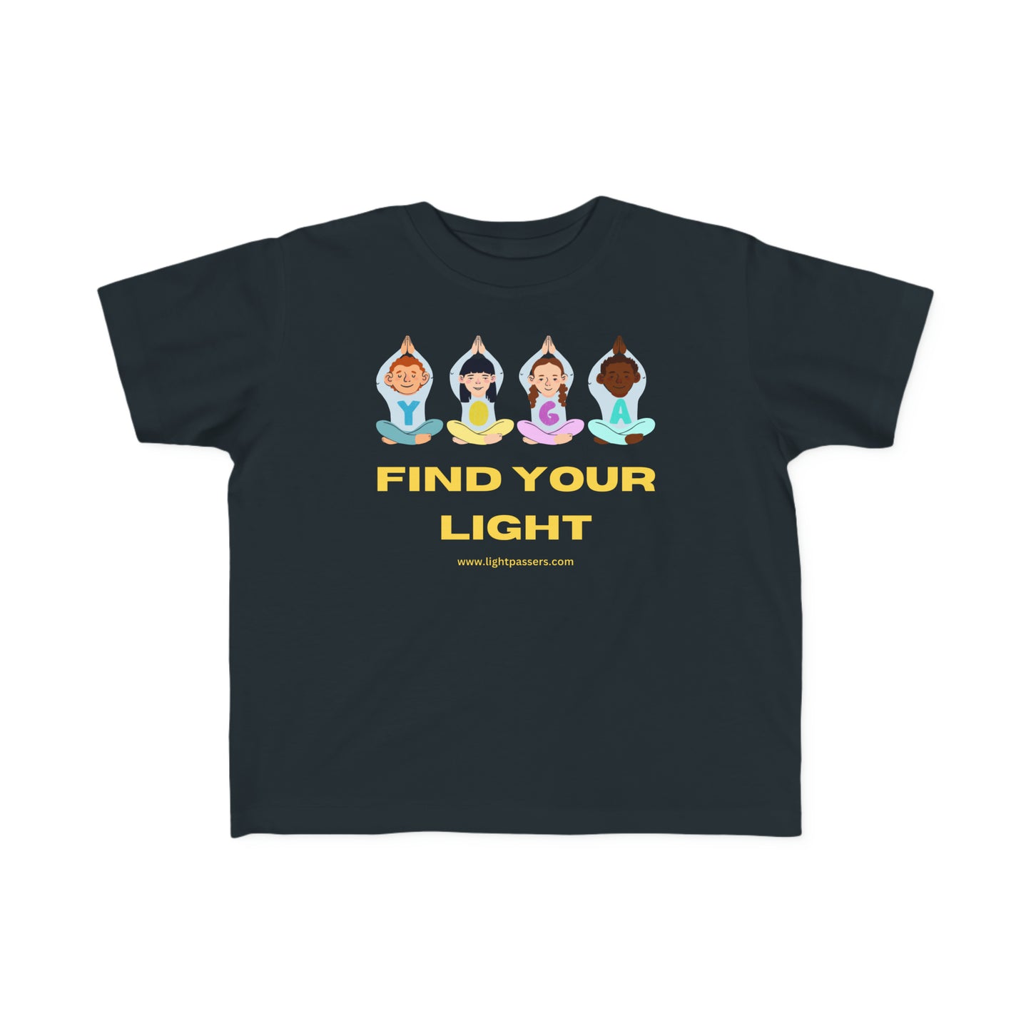 A toddler's t-shirt featuring a group of kids in yoga poses, a boy and a girl cartoon, and a black and yellow sign. Made of 100% combed cotton, light fabric, tear-away label, and a classic fit.
