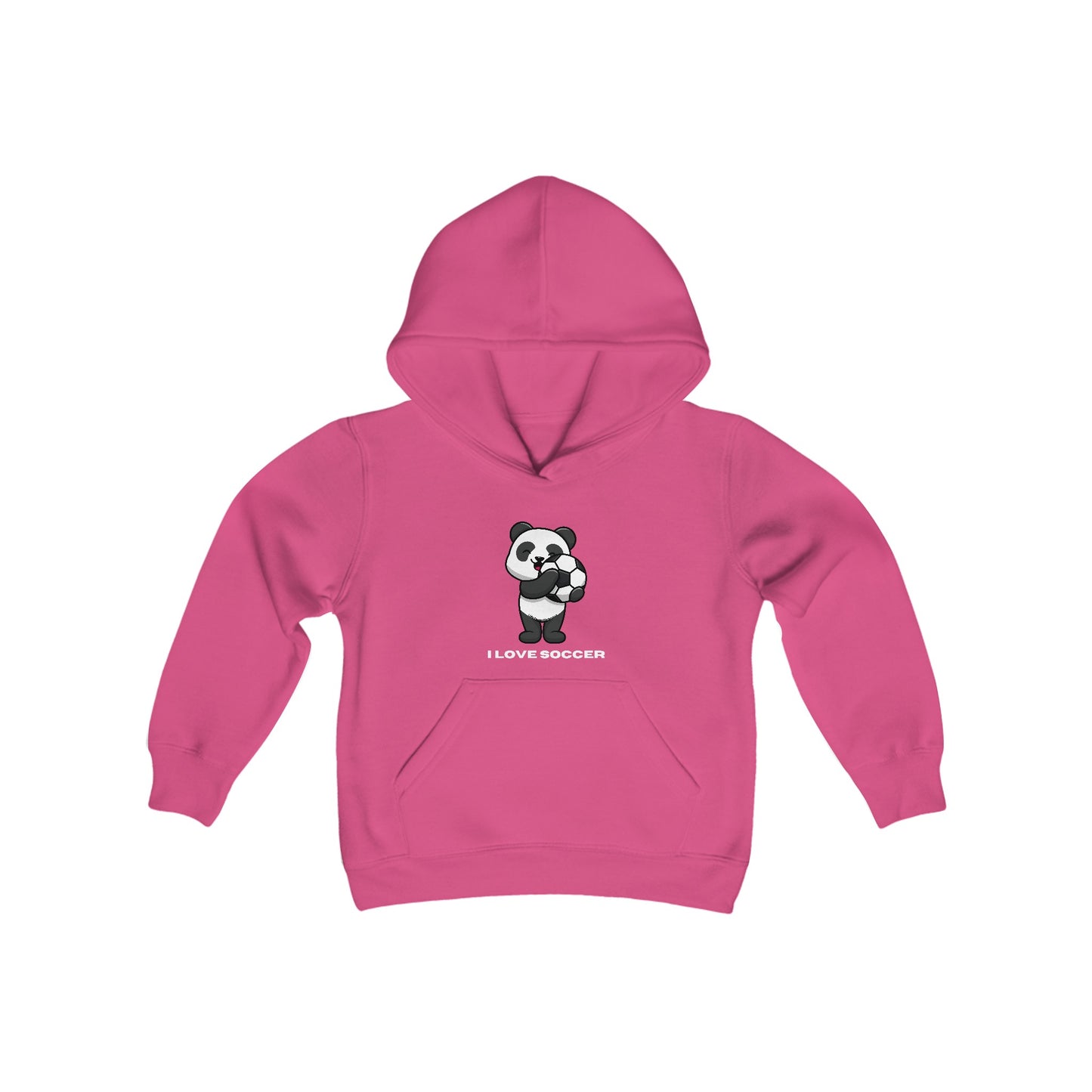 Youth hooded sweatshirt with a panda playing soccer design on pink fabric. Kangaroo pocket, twill-taped neck, 50% cotton 50% polyester blend for comfort and print quality.