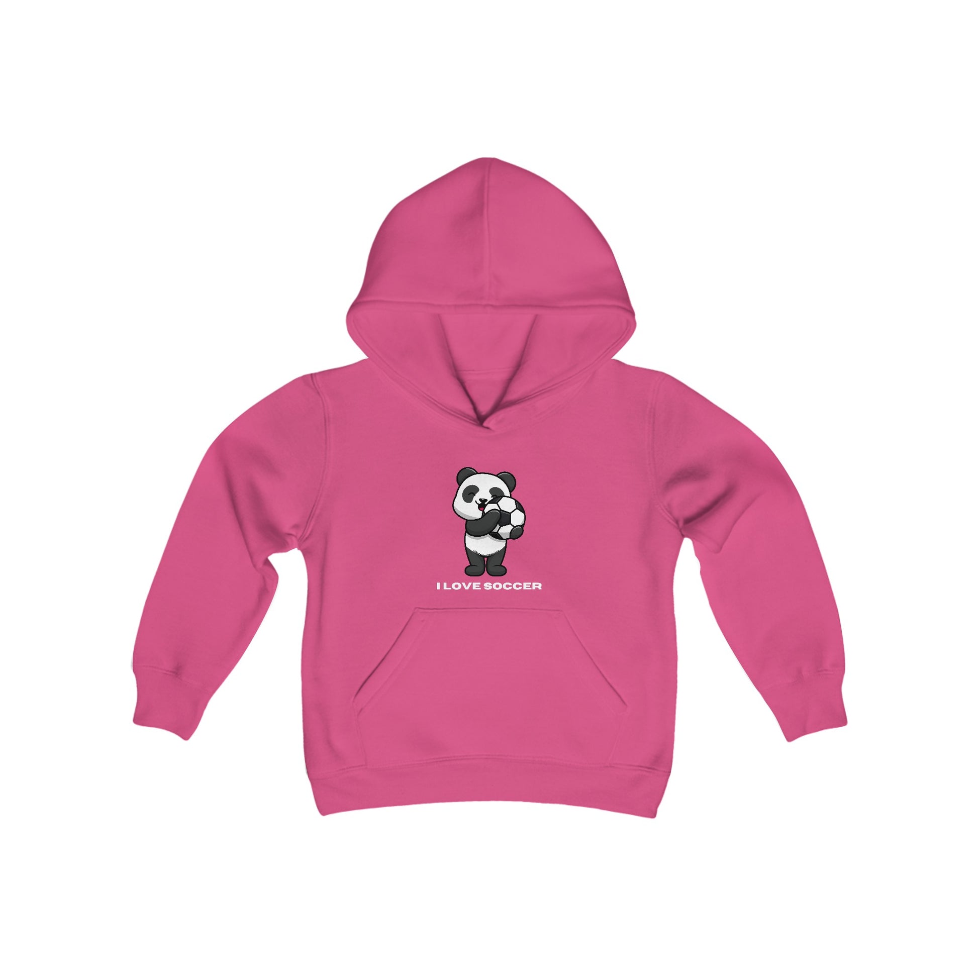 Youth hooded sweatshirt with a panda playing soccer design on pink fabric. Kangaroo pocket, twill-taped neck, 50% cotton 50% polyester blend for comfort and print quality.
