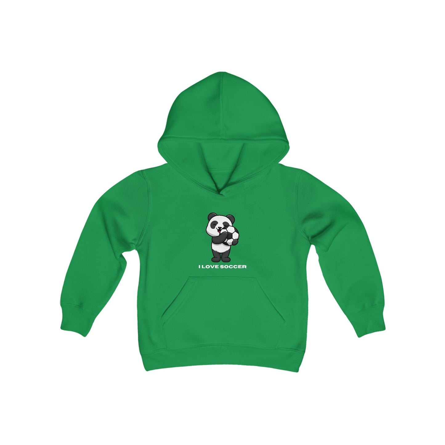 Youth hooded sweatshirt featuring a panda playing soccer, made of soft, preshrunk fleece. 50% cotton, 50% polyester blend with kangaroo pocket and reinforced neck.