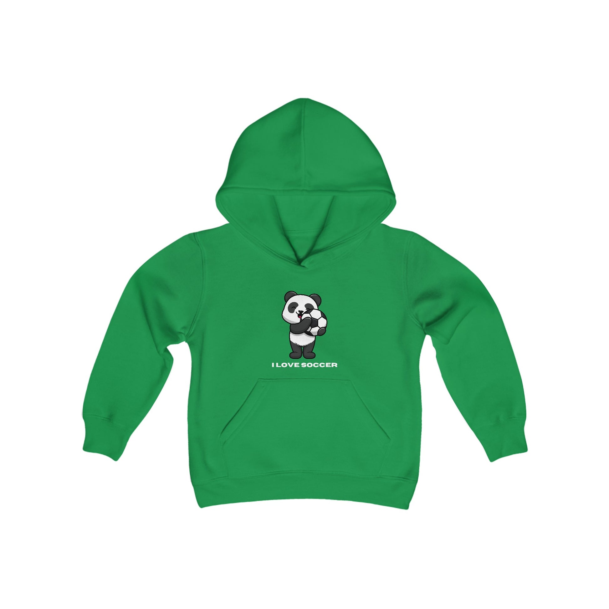 Youth hooded sweatshirt featuring a panda playing soccer, made of soft, preshrunk fleece. 50% cotton, 50% polyester blend with kangaroo pocket and reinforced neck.