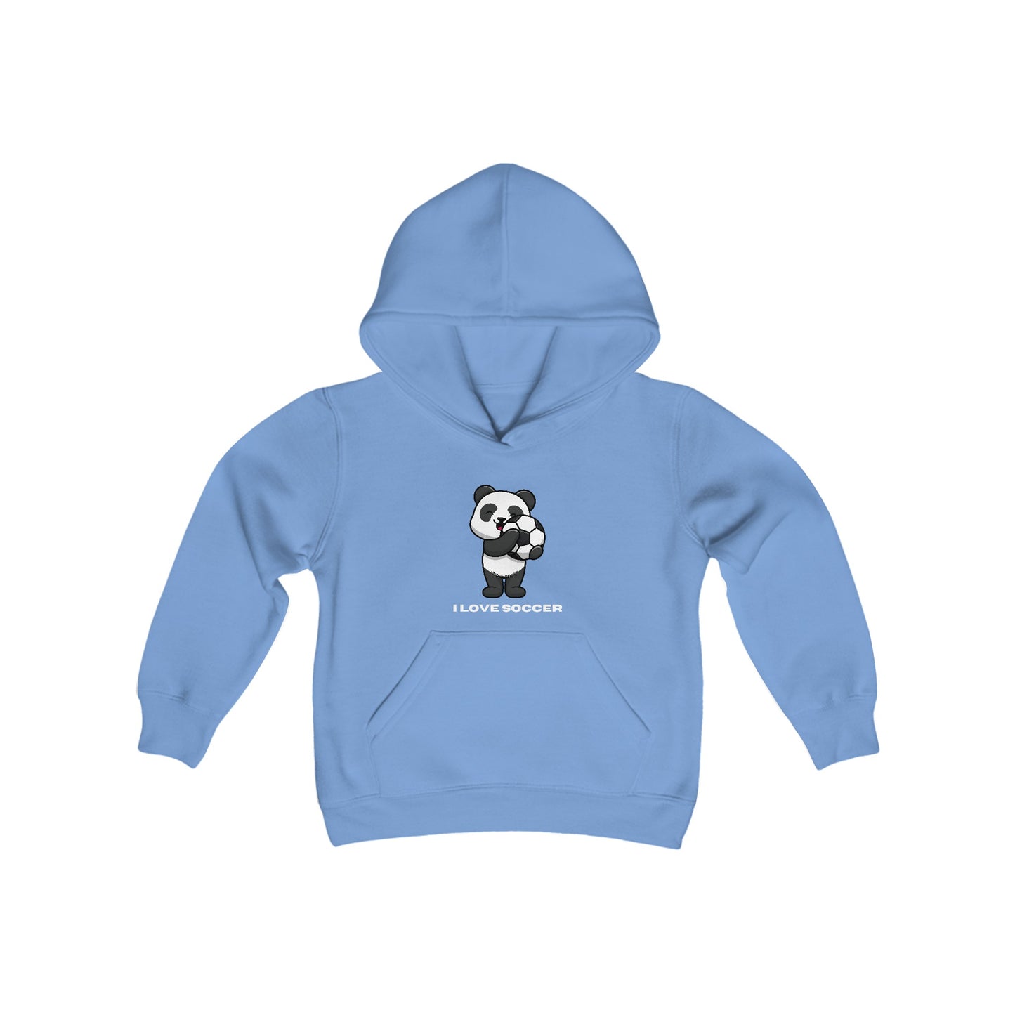 Youth blue hoodie featuring a panda playing soccer, with kangaroo pocket and twill taping. 50% cotton, 50% polyester, soft fleece. Ideal for printing.