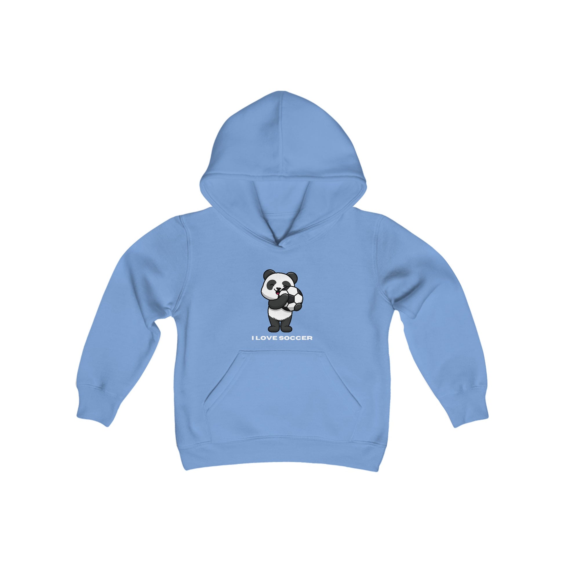 Youth blue hoodie featuring a panda playing soccer, with kangaroo pocket and twill taping. 50% cotton, 50% polyester, soft fleece. Ideal for printing.