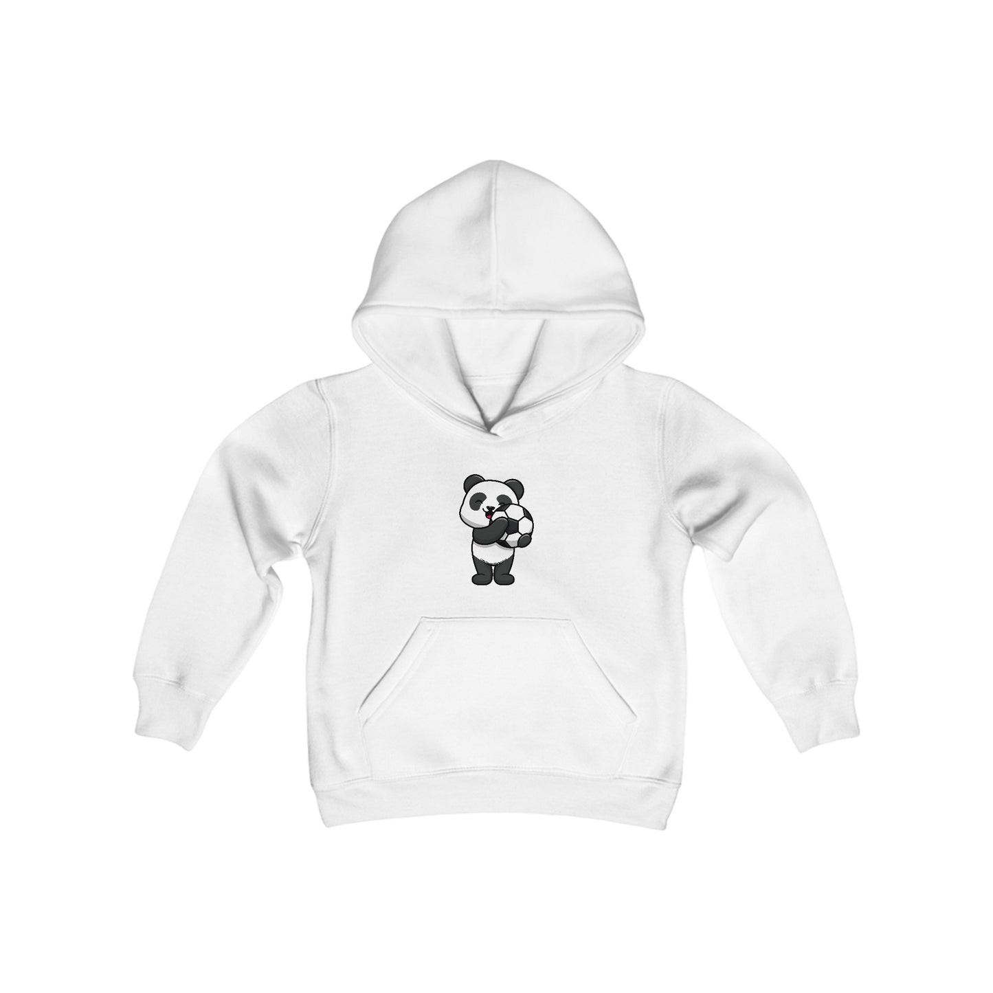 Youth hooded sweatshirt featuring a panda playing soccer, made of soft preshrunk fleece. 50% cotton, 50% polyester blend with kangaroo pocket and reinforced neck.