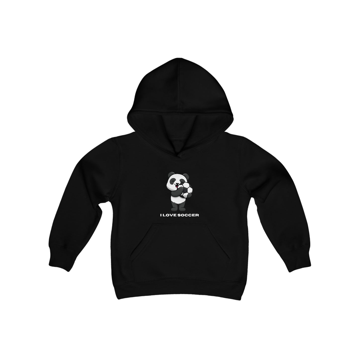 Youth black hoodie featuring a panda playing soccer, with kangaroo pocket and reinforced neck. 50% cotton, 50% polyester, soft fleece. Ideal for printing.