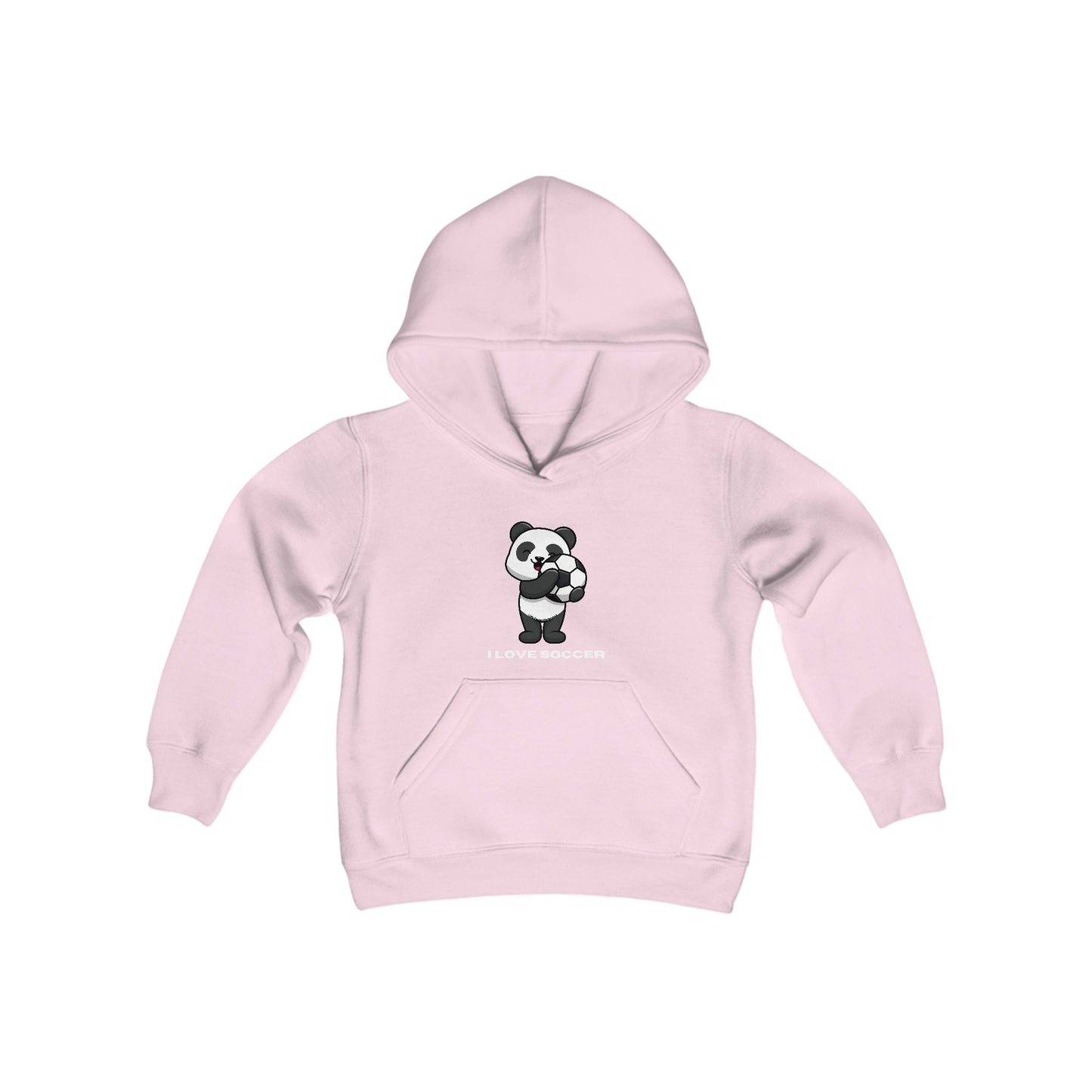 Youth hooded sweatshirt featuring a panda playing soccer, with kangaroo pocket and twill taping. 50% cotton, 50% polyester, soft fleece, ideal for printing.