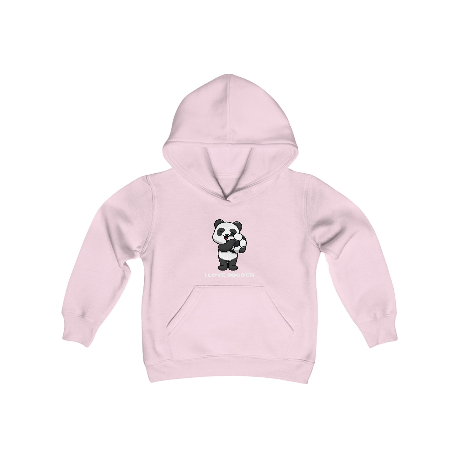 Youth hooded sweatshirt featuring a panda playing soccer, with kangaroo pocket and twill taping. 50% cotton, 50% polyester, soft fleece, ideal for printing.