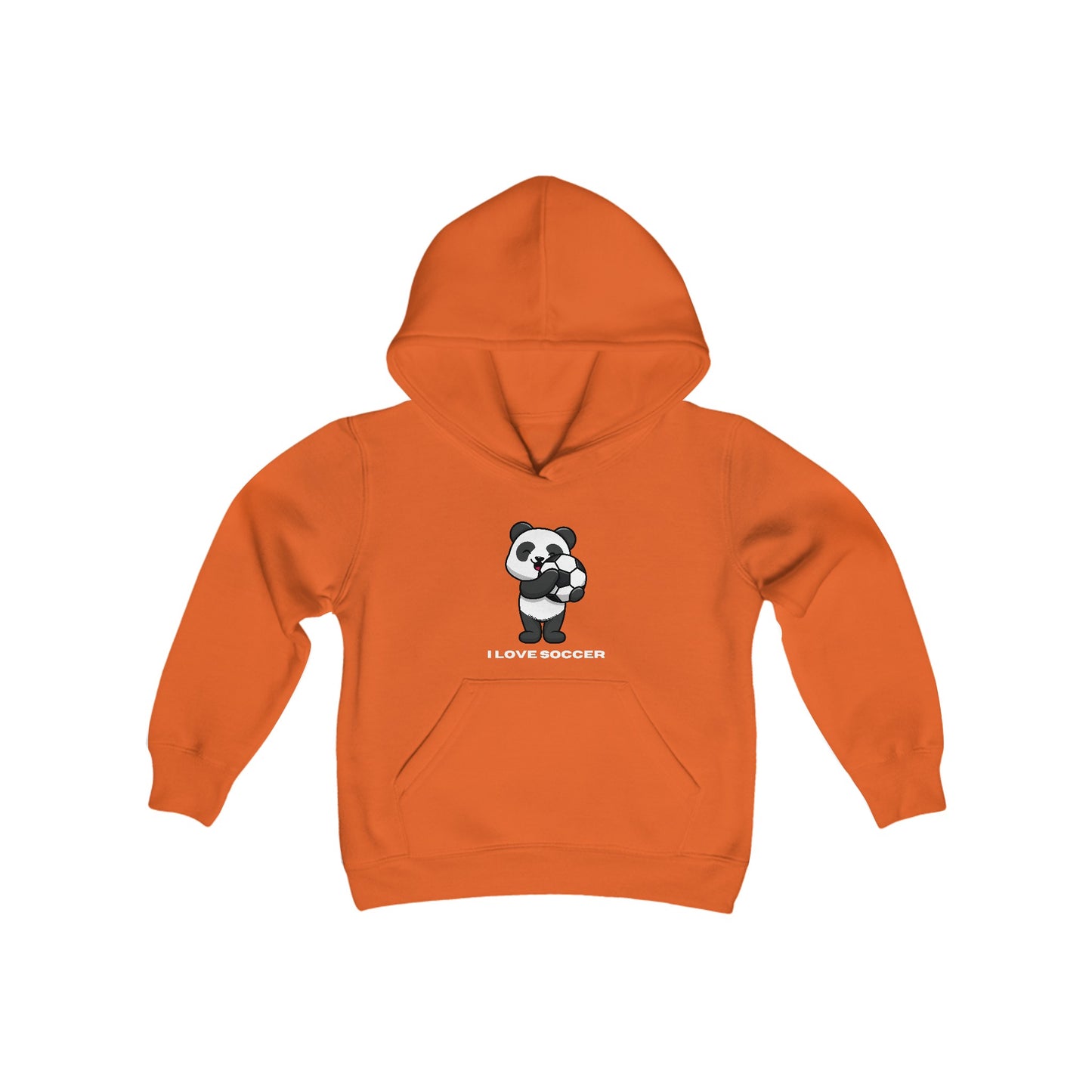 Youth hooded sweatshirt featuring a panda playing soccer, made of soft preshrunk fleece with kangaroo pocket. 50% cotton, 50% polyester blend for optimal printing. Twill taping reinforcement on neck.