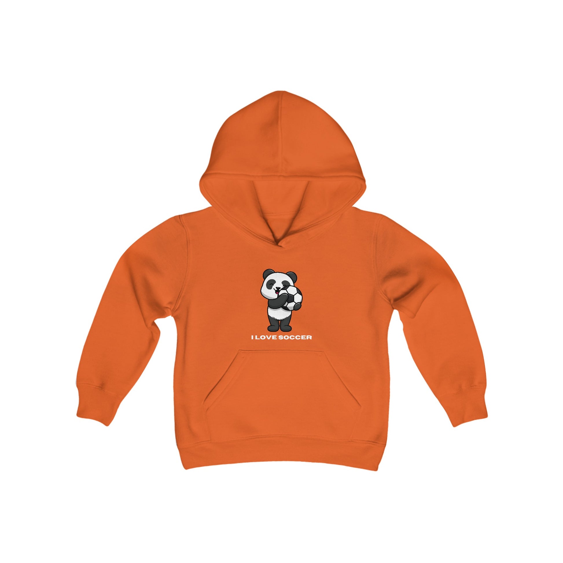 Youth hooded sweatshirt featuring a panda playing soccer, made of soft preshrunk fleece with kangaroo pocket. 50% cotton, 50% polyester blend for optimal printing. Twill taping reinforcement on neck.