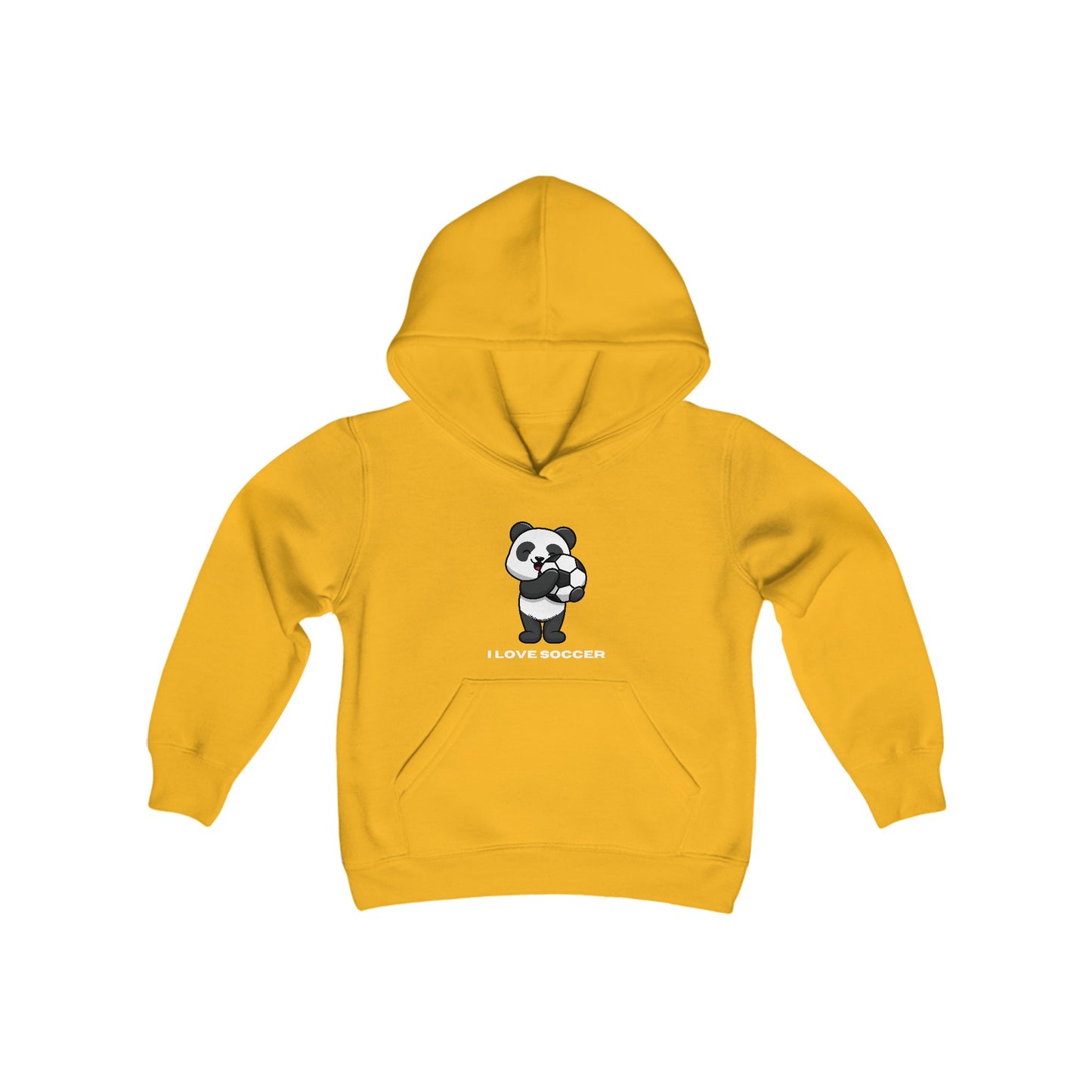 Youth blend hooded sweatshirt featuring a panda playing soccer, made of soft preshrunk fleece, 50% cotton 50% polyester, kangaroo pocket, reinforced neck twill taping.