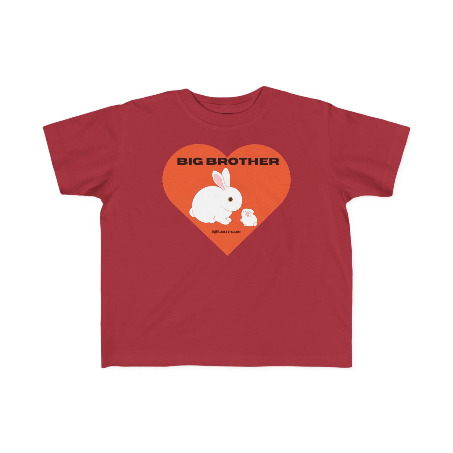 A red toddler t-shirt featuring a white rabbit and heart print. Made of soft 100% combed cotton, light fabric, and a tear-away label for comfort. Ideal for little siblings.