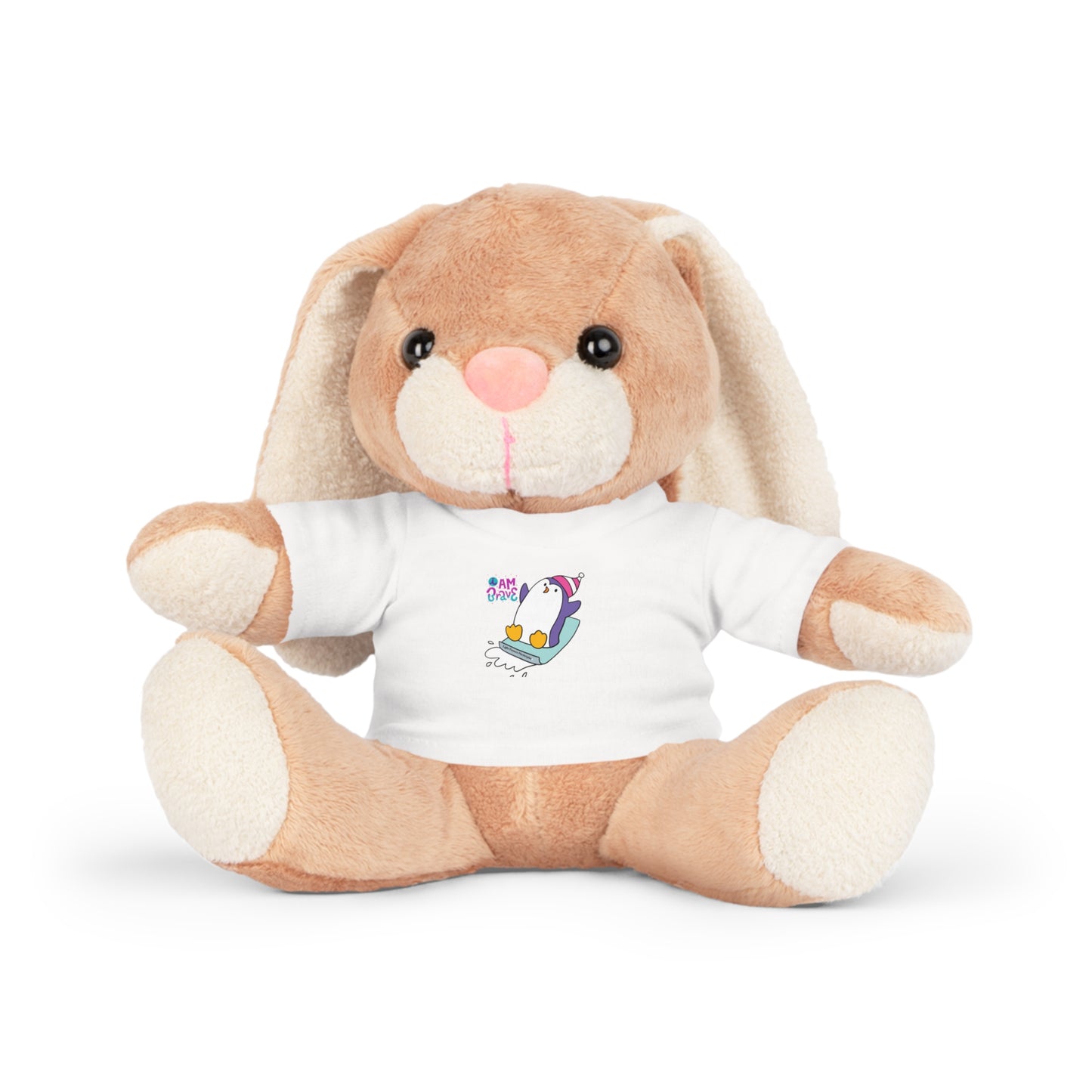 Stuffed animal bunny wearing a removable white T-shirt featuring 'I am Brave' Penguin design, part of Cool Stuff Stuffies collection.