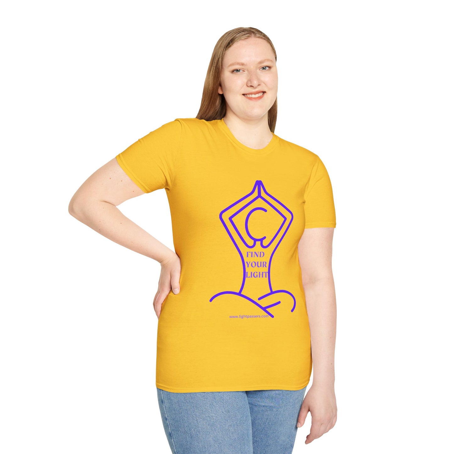 Woman wearing Health The Light Yoga Find Your Light Adult Unisex T-shirt, smiling, showcasing its classic fit and comfortable style, ideal for yoga and meditation.