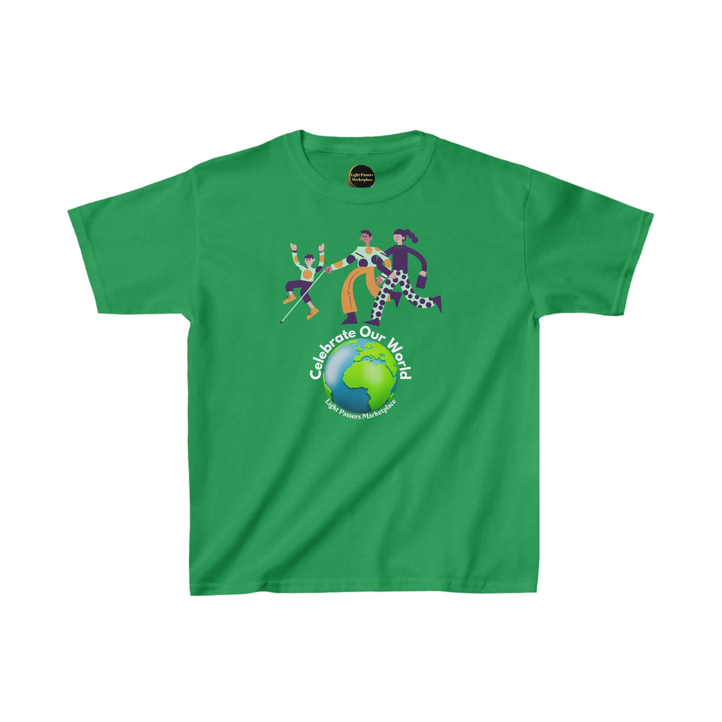 A green youth t-shirt featuring a graphic of planet Earth and people, made of 100% cotton with twill tape shoulders for durability. Ethically sourced and comfortable for everyday wear.