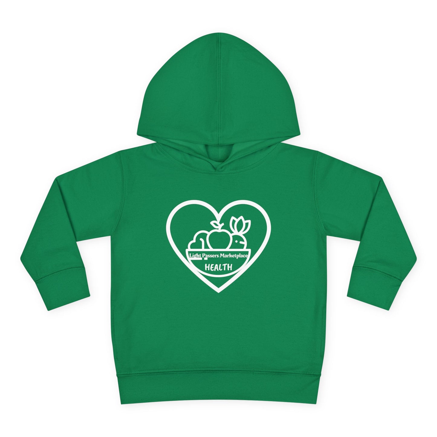 Health Happy Food Fruit Basket Toddler Hoodie featuring a heart and fruit design, fleece fabric, ribbed-knit cuffs, and side pockets for warmth and comfort.