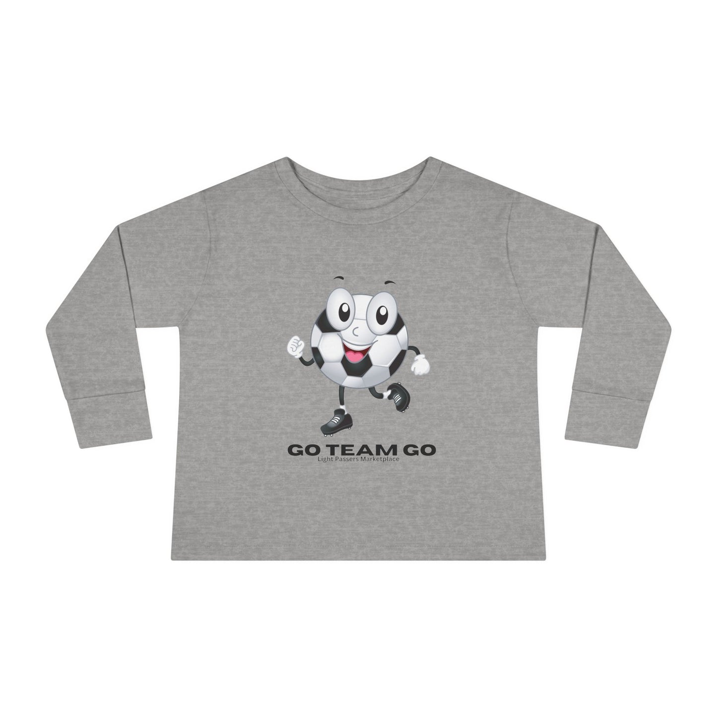 Soccer Ball Guy Toddler Long Sleeve with cartoon football graphic, ideal for sports-loving toddlers. Features ribbed cuffs, structured shape, and lightweight fabric.