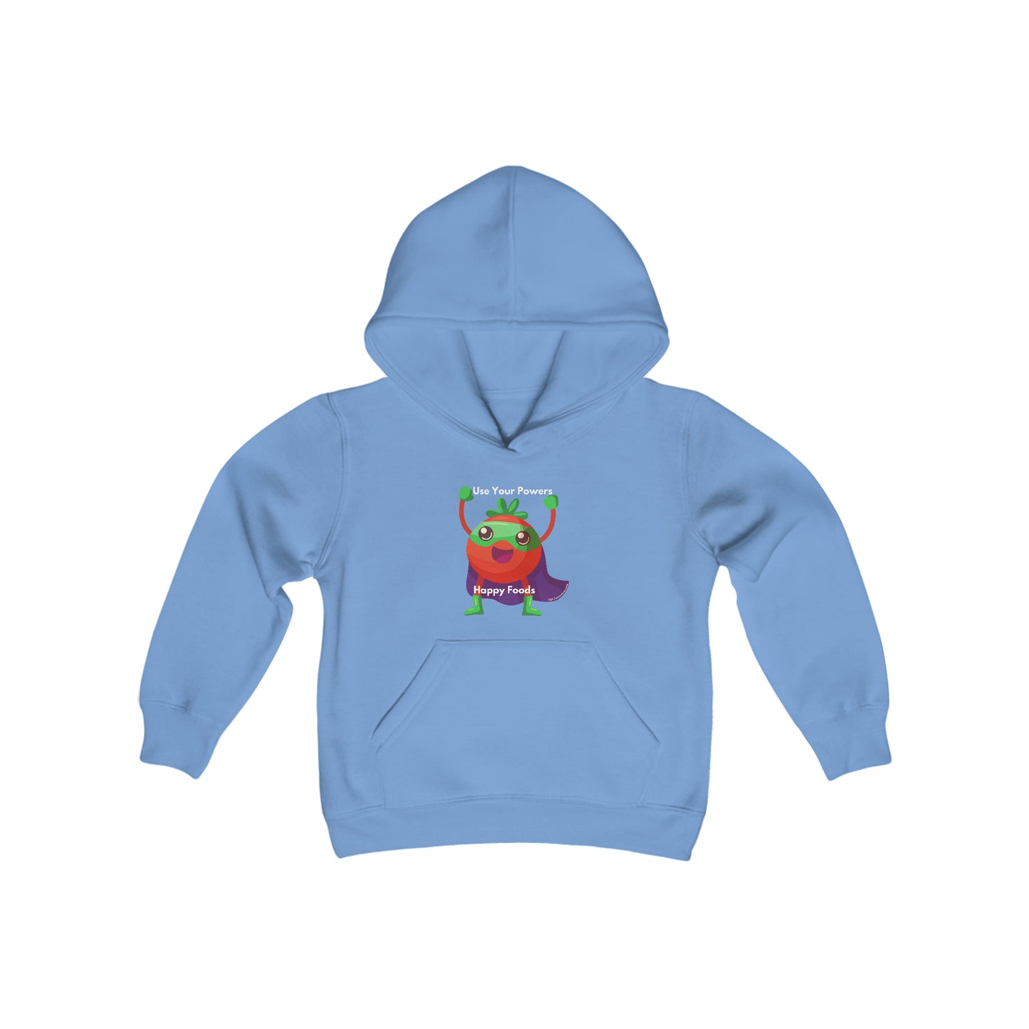 Youth hoodie featuring a cartoon character, Tomato Power Happy Food, on blue fabric. Kangaroo pocket, soft fleece, 50% cotton 50% polyester blend, reinforced neck, medium weight.