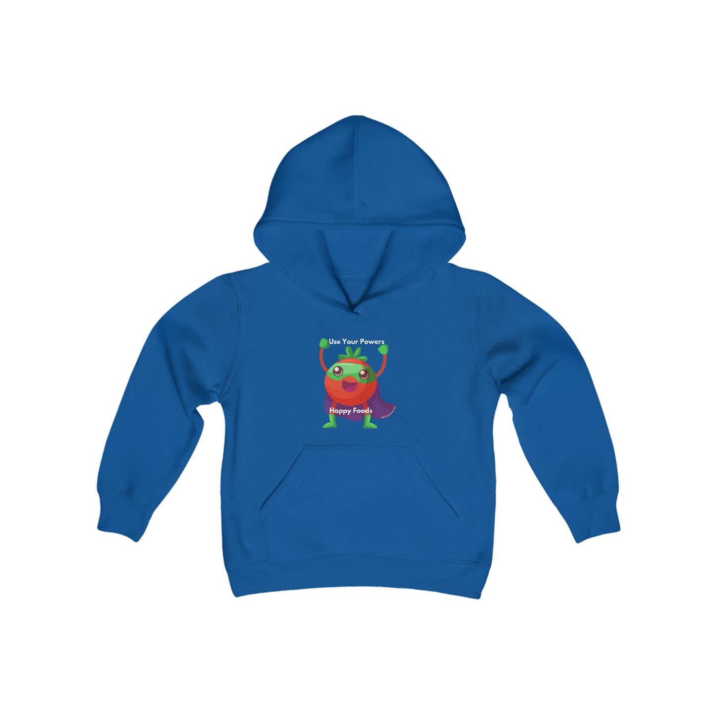 Youth hoodie featuring a cartoon strawberry superhero design on a blue hooded sweatshirt. Made of soft, preshrunk fleece with kangaroo pocket and twill taping.