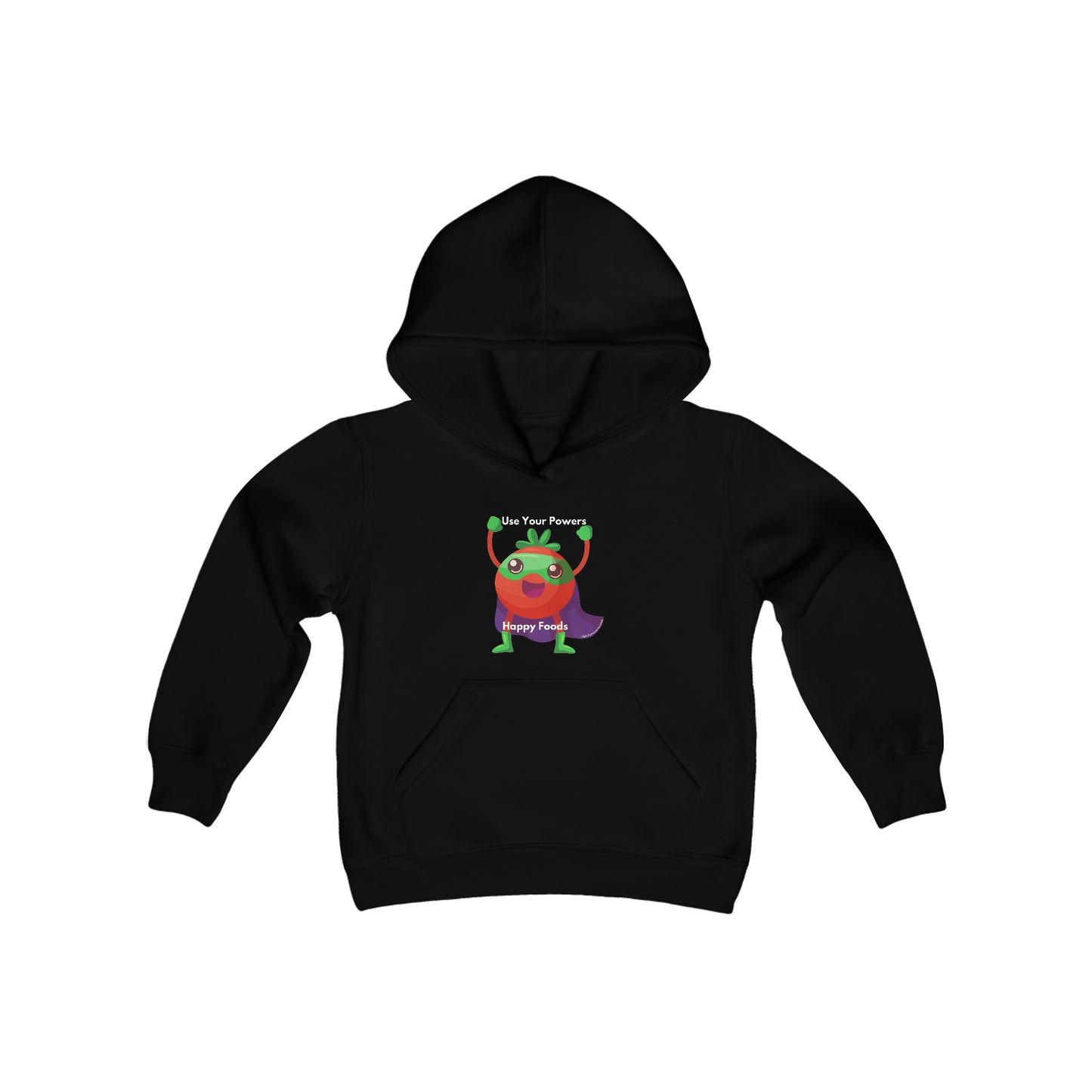 Youth black hoodie featuring a cartoon character with a cape and hands up, kangaroo pocket, and twill-taped neck. Made of soft, preshrunk fleece blend for comfort and durability.
