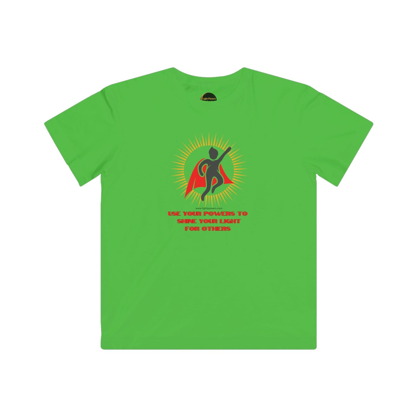Kids Tee featuring Use Your Powers of the Light design, perfect for young superheroes spreading kindness. Made from soft cotton blend with a ribbed collar.