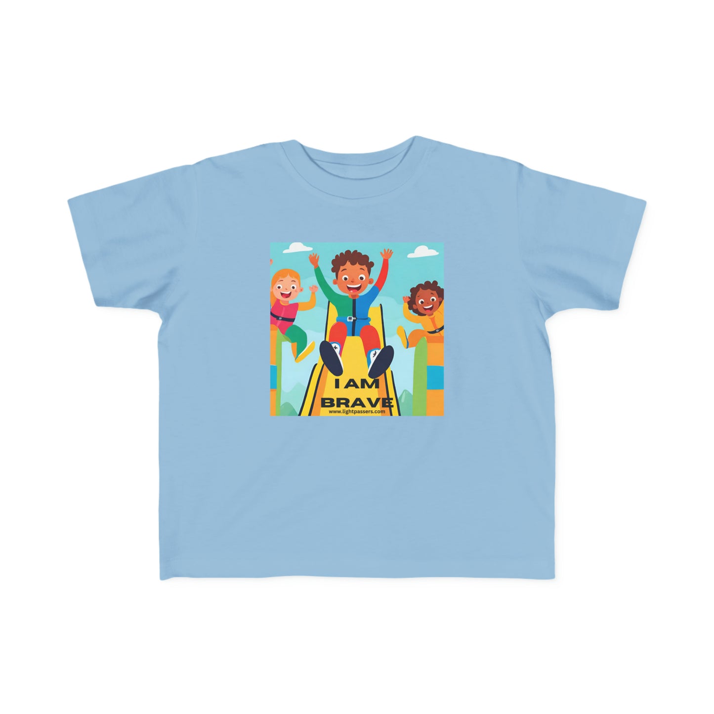 A blue toddler t-shirt featuring cartoon characters on a slide, embodying bravery. Made of soft, durable 100% combed cotton, perfect for sensitive skin. Classic fit, tear-away label, true to size.