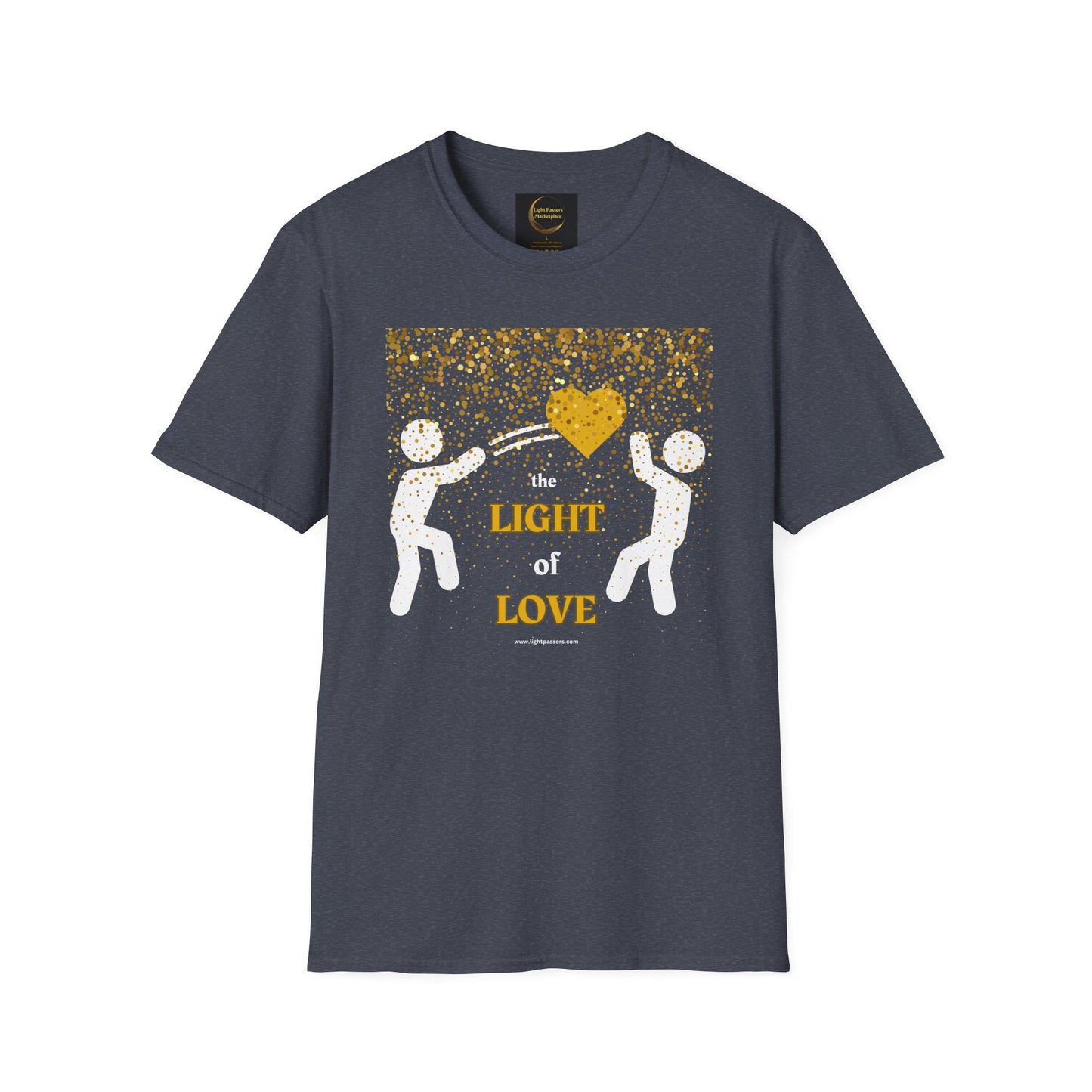 Light Love and Peace Gold Heart Adult Unisex T-Shirt featuring a graphic of dancing figures with gold dots and a yellow heart. Soft, durable cotton blend.