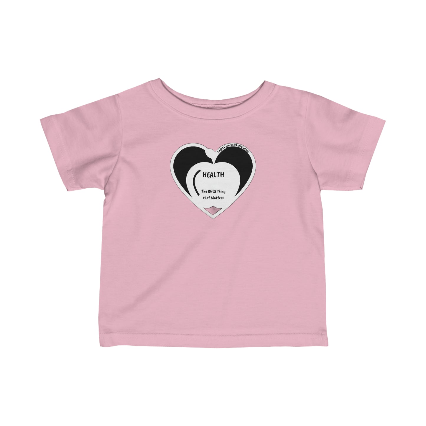 Infant fine jersey tee with heart graphic, side seams, ribbed knitting, and taped shoulders for durability and comfort. 100% Combed ringspun cotton, light fabric, classic fit. Apple Health Infant T-shirts Baby.