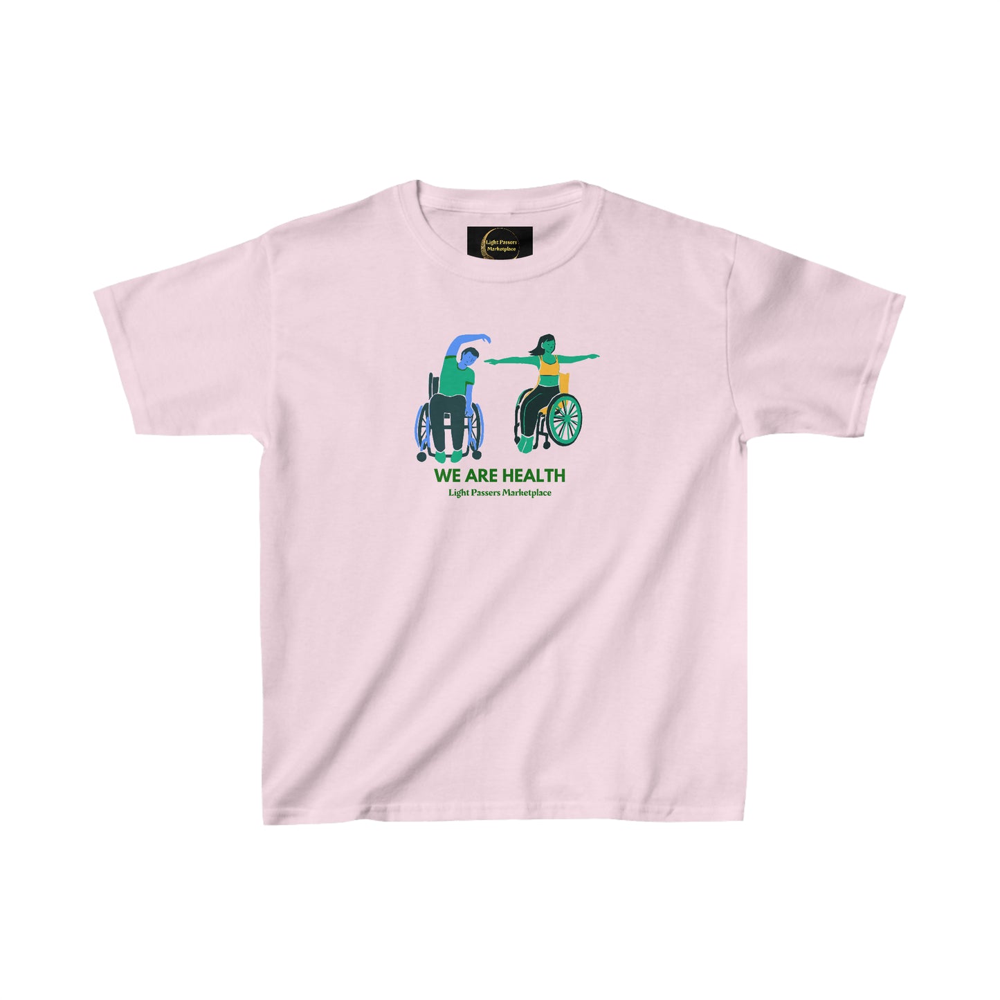 Youth t-shirt featuring a person in a wheelchair, promoting inclusivity. Made of 100% cotton with twill tape shoulders for durability and a curl-resistant collar. Ethically sourced US cotton.