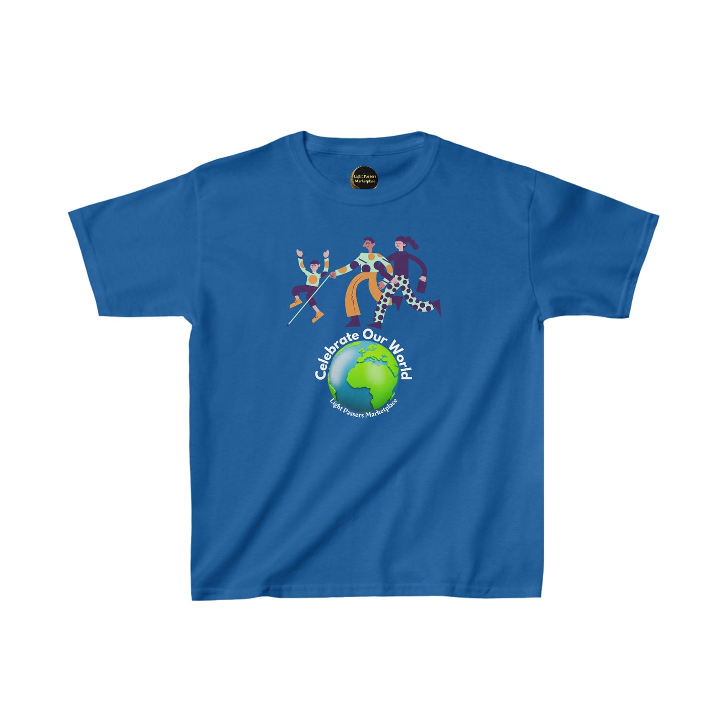 A blue youth t-shirt featuring a planet Earth design, ideal for everyday wear. Made with 100% cotton, durable twill tape shoulders, and curl-resistant collar for lasting comfort. Ethically sourced US cotton.