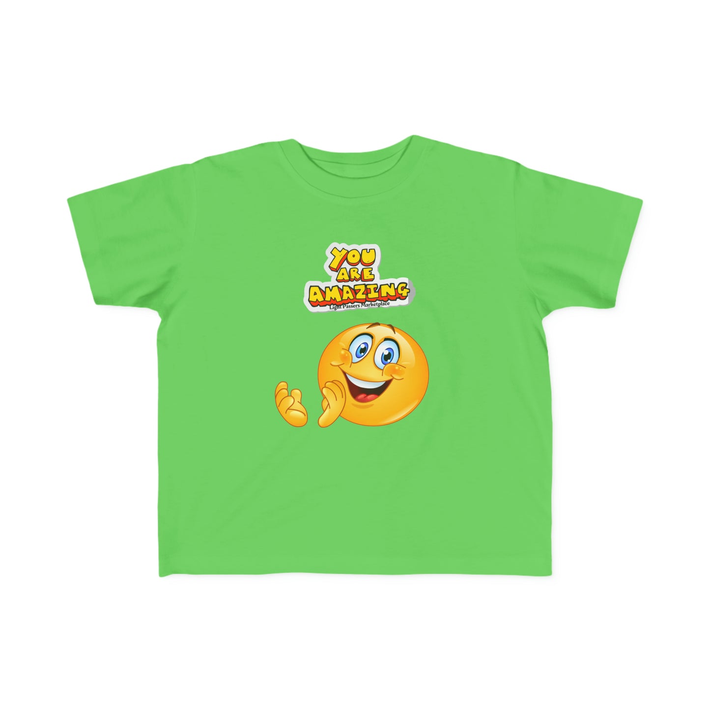 A toddler t-shirt featuring a smiley face cartoon character. Made of soft, durable combed cotton with a high-quality print. Ideal for sensitive skin and playtime adventures.