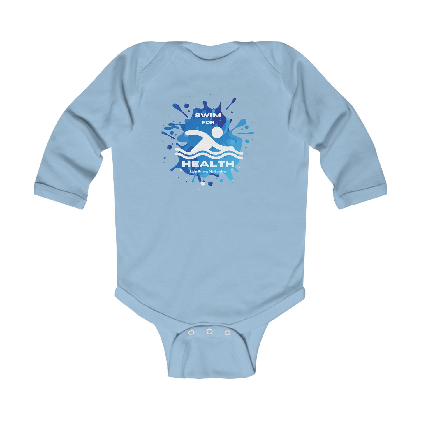 Health Swim for Health baby Long Sleeve Onesie with logo, featuring ribbed knit binding and plastic snaps for comfort and ease. Ideal for newborns to 18 months.