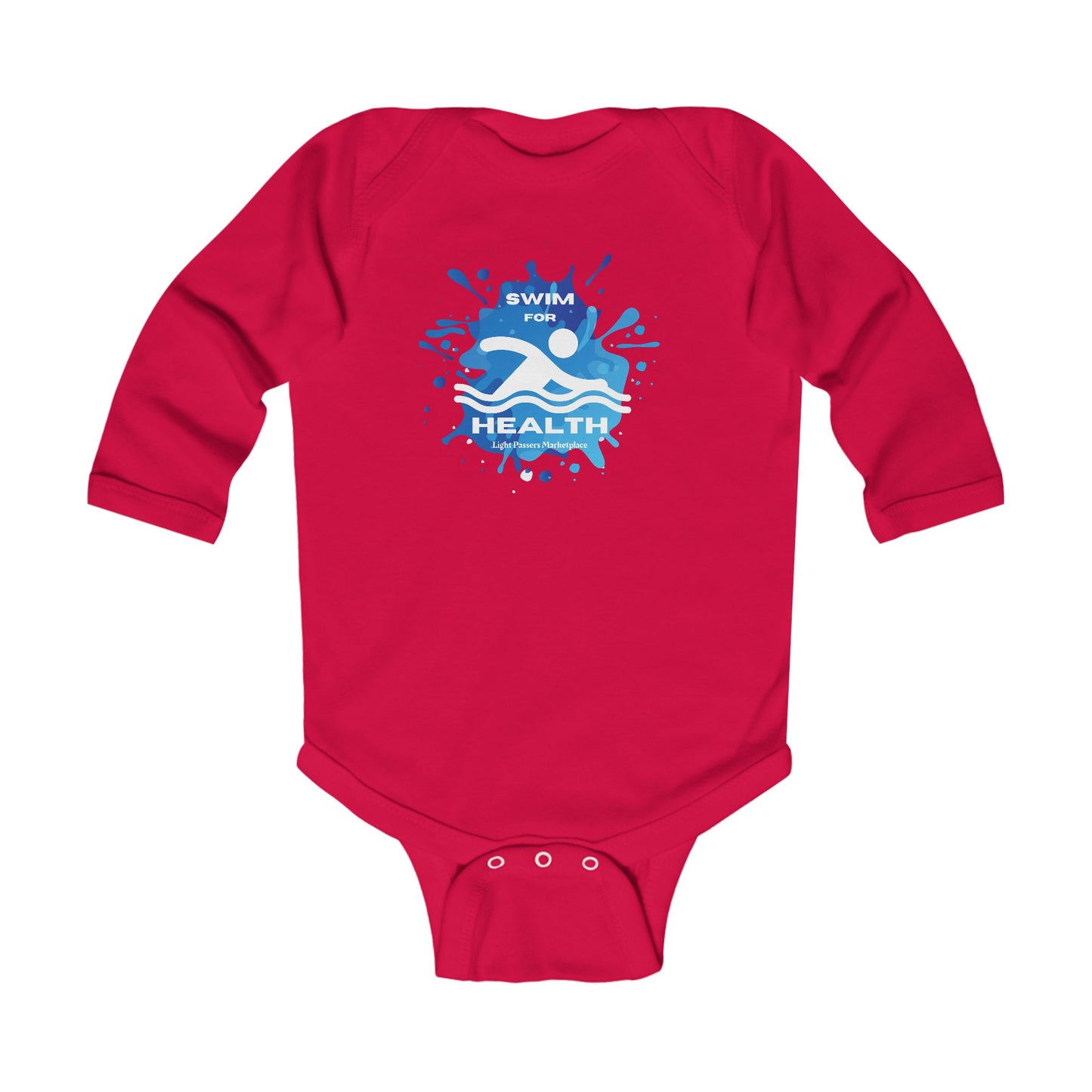 Health Swim for Health baby Long Sleeve Onesie featuring swim competition logo, designed for comfort and ease with ribbed knit binding and plastic snaps.