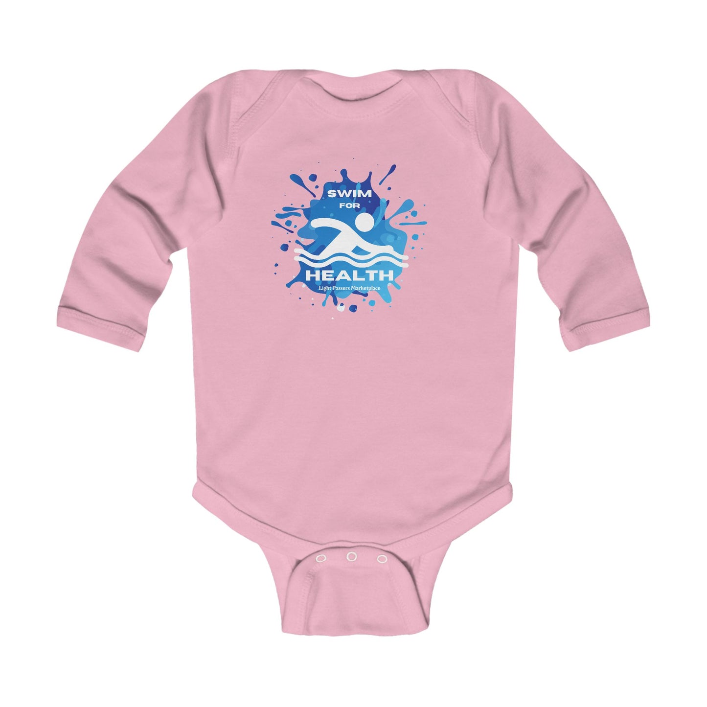 Health Swim for Health baby Long Sleeve Onesie featuring a logo, designed for comfort with ribbed knit binding and plastic snaps for easy closure.