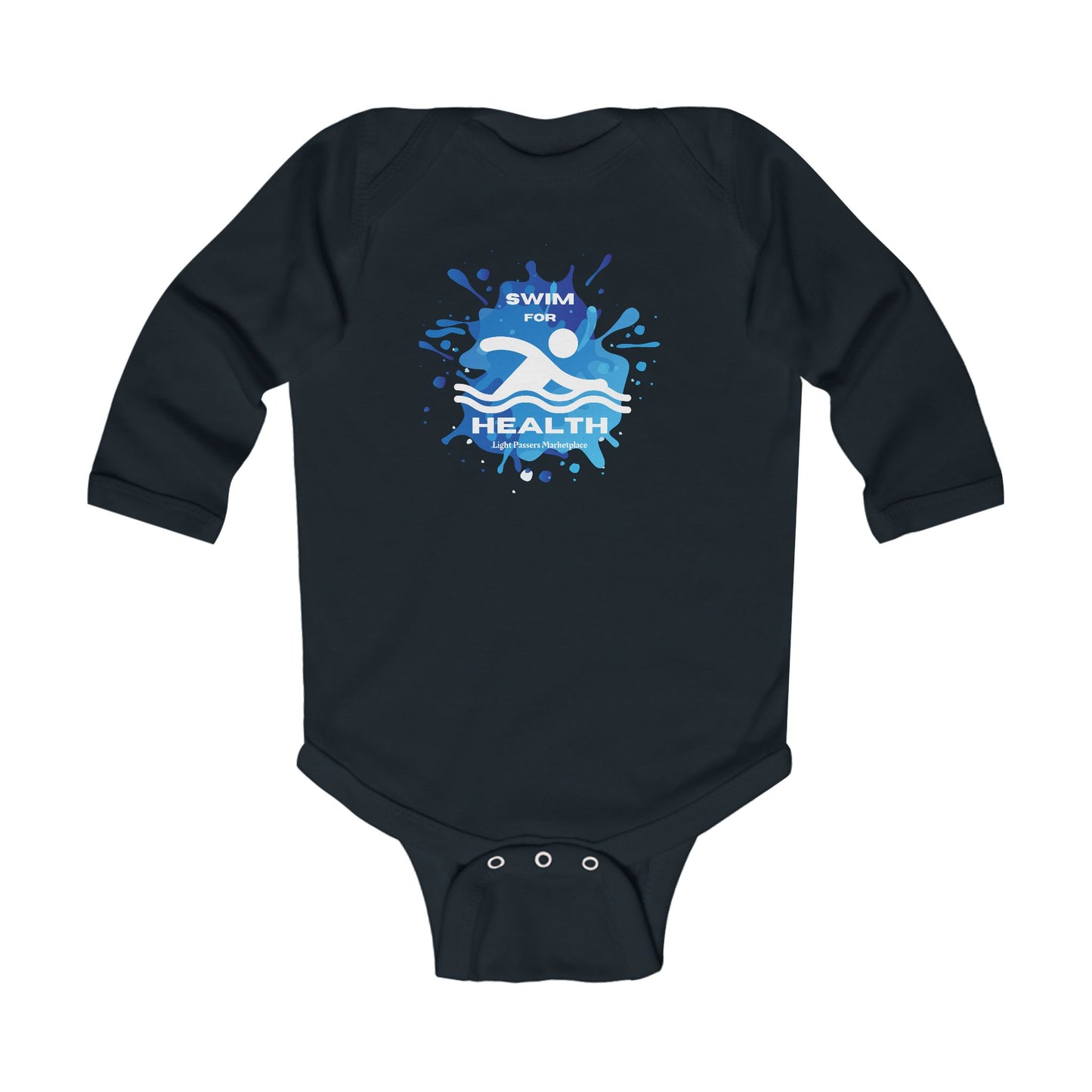 Health Swim for Health baby Long Sleeve Onesie, featuring a logo, ribbed knit binding, and plastic snaps, ideal for swimming and infant comfort.