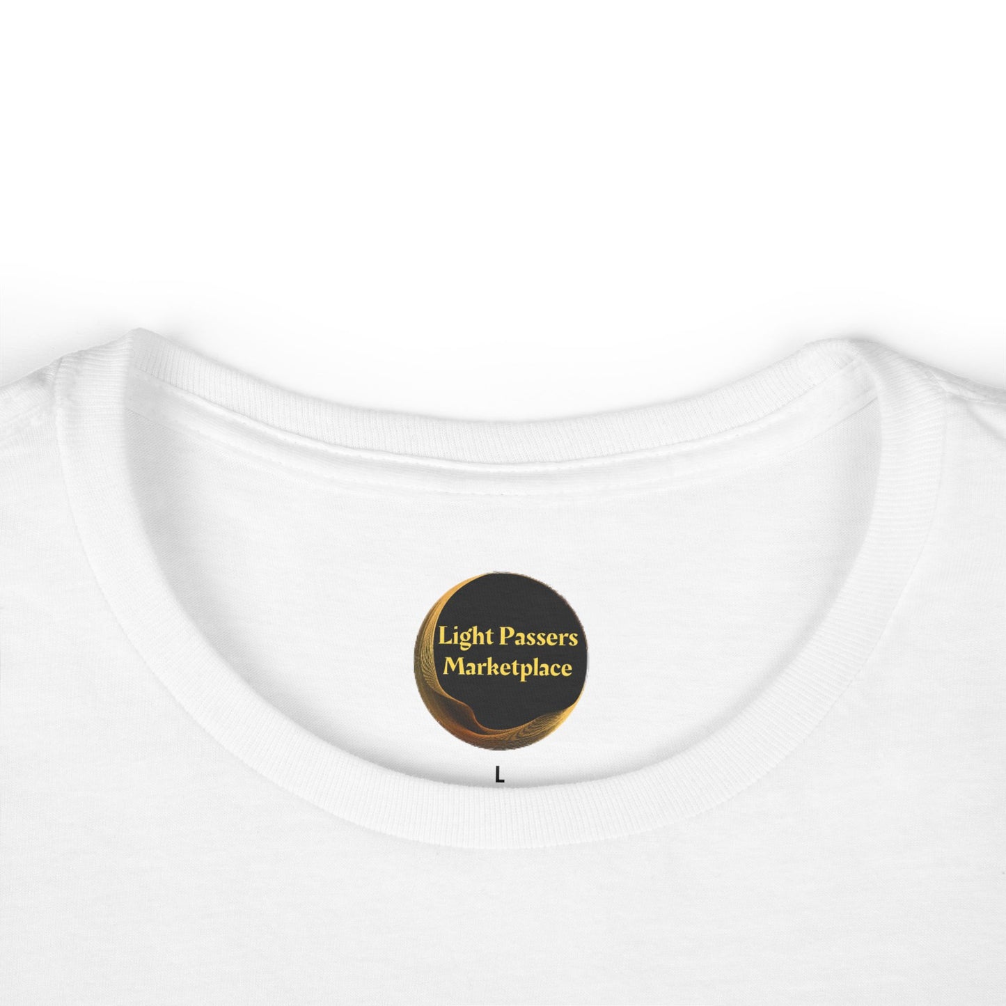 Inside back view of Women's Tee - Magical Unicorn Stretch for Health, featuring a Light Passers Marketplace label and L size mark below the neckline.
