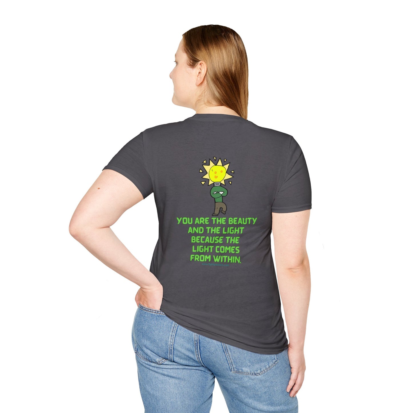 Unisex Beauty and the Light tee BACK: Grey shirt with smooth surface for vivid printing, no side seams, durable tape on shoulders. Classic fit, 100% cotton.